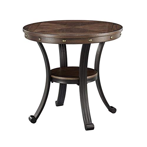 Brown and Black Wood Round Side Table - Casual Oak Finish Shelf for Living Room, Bedroom, or Office Decor