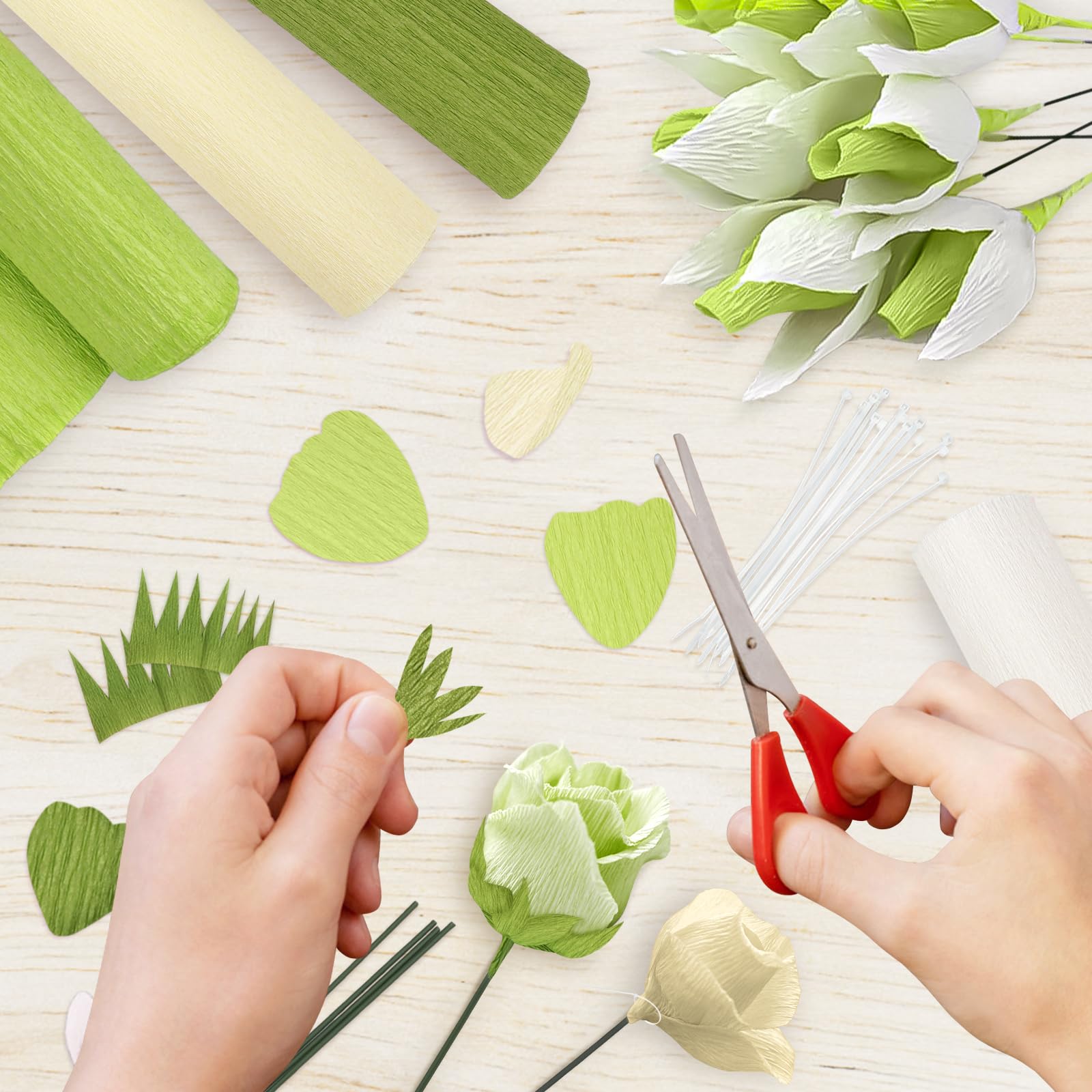 42-Piece Crepe Paper Flowers Kit - Green Floral Streamers with Floral Tape & Iron Wire for DIY Crafts, Wedding Decorations, Party Supplies | Perfect for Home Decor, Baby Showers & Festival Celebrations