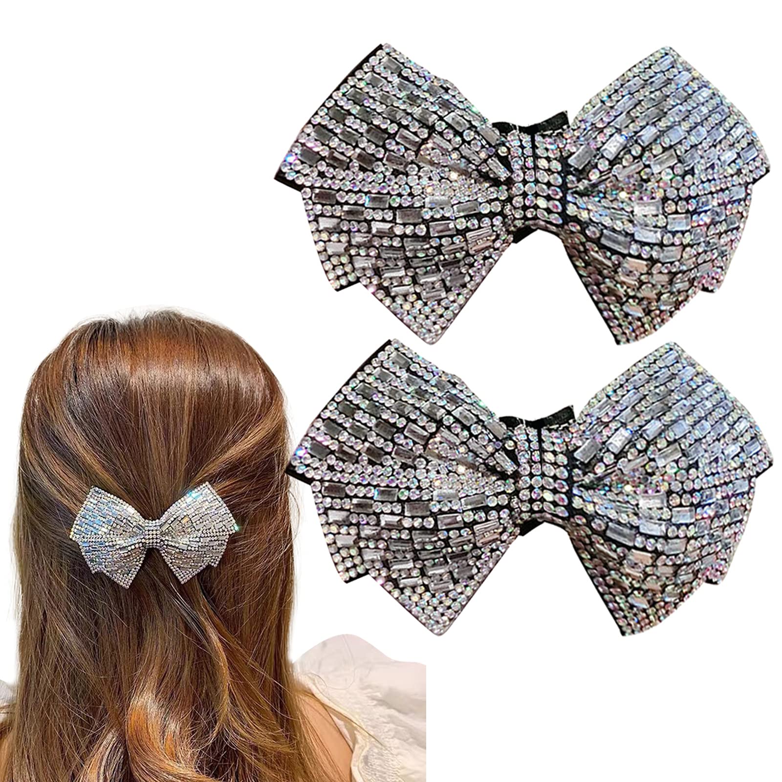 Elegant Grey Rhinestone Crystal Bowknot Hair Clips - 2 Pack Ponytail Holders for Women with Thick Hair | Hair Jewelry Accessories for Weddings, Parties & Everyday Style