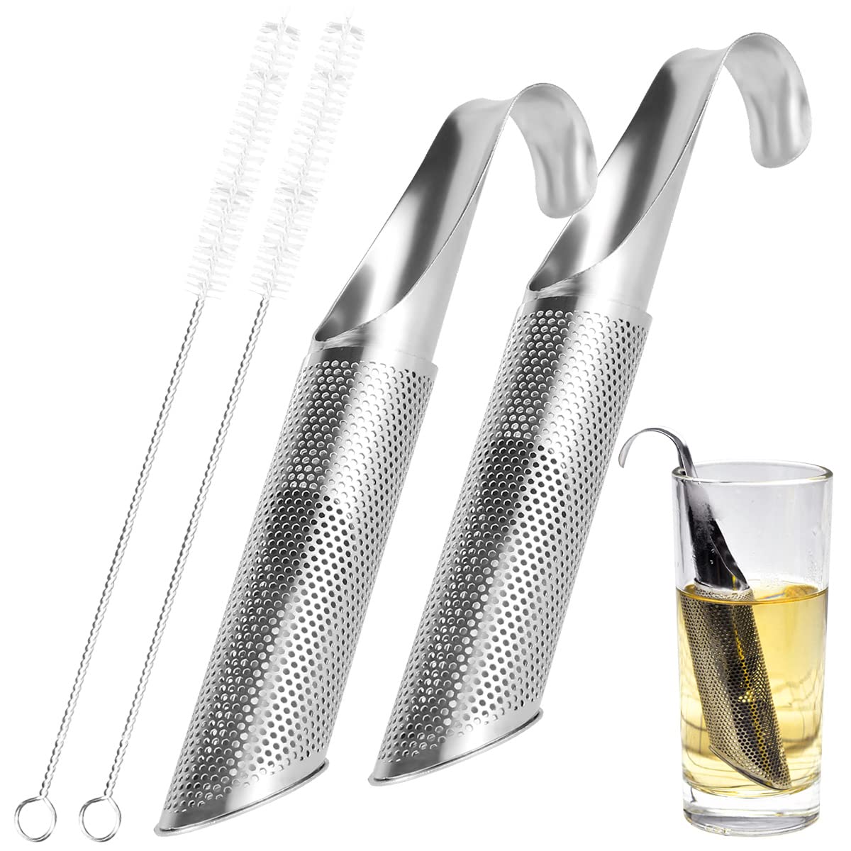 Harupink 2-Pack Stainless Steel Tea Strainer with Brushes - Reusable Tea Infuser Pipe & Metal Tea Diffuser Stick - Fine Mesh Tea Filter for Loose Leaf Tea, Herbs & Spices (2 Filters + 2 Brushes) - Perfect for Home, Office & Tea Ceremonies