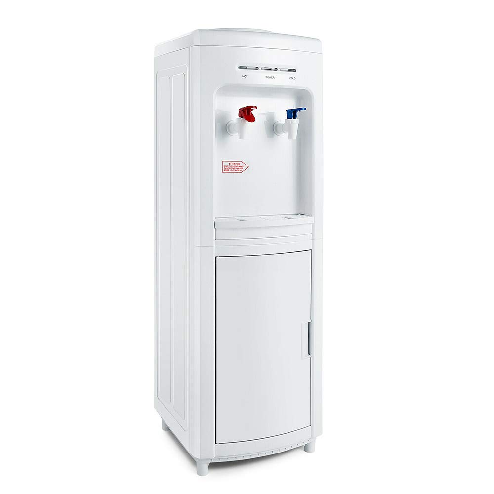 White Modern Top Loading 5 Gallon Water Cooler Dispenser with Hot & Cold Settings - Freestanding Electric Countertop for Home & Office - Storage Cabinet, Plastic & Stainless Steel (11.22