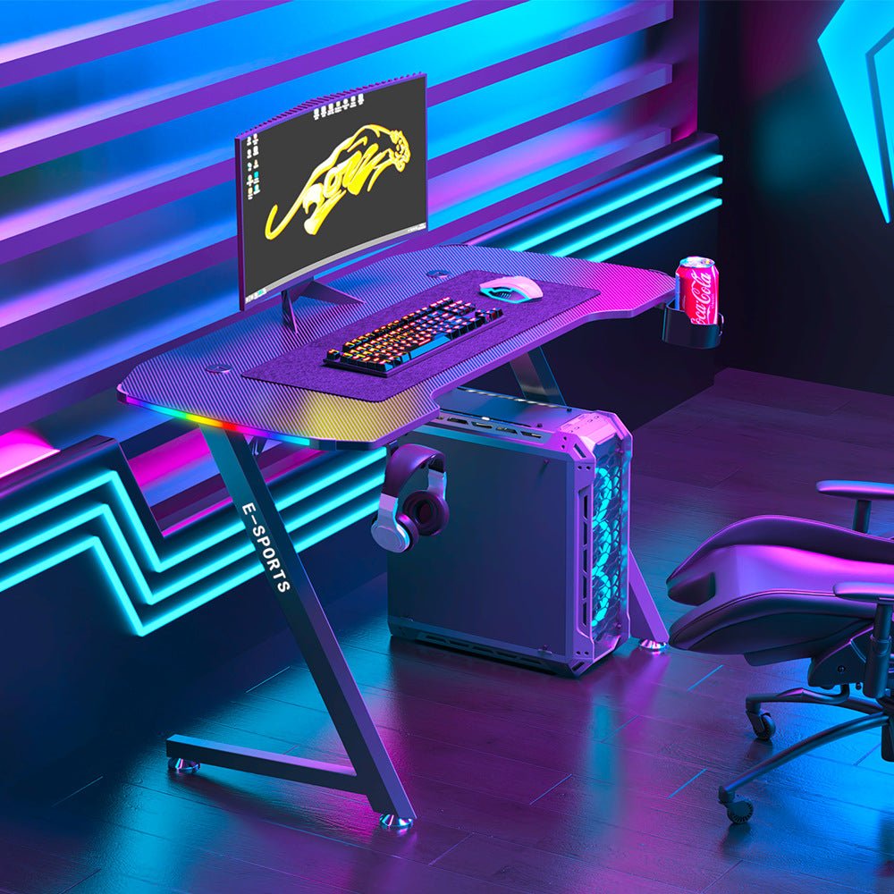 140cm Z-Shaped Gaming Desk with RGB LED Lights - Ergonomic Computer Table for Home Office & Gaming Setup - Perfect for PC, Console Gaming & Workstation Use