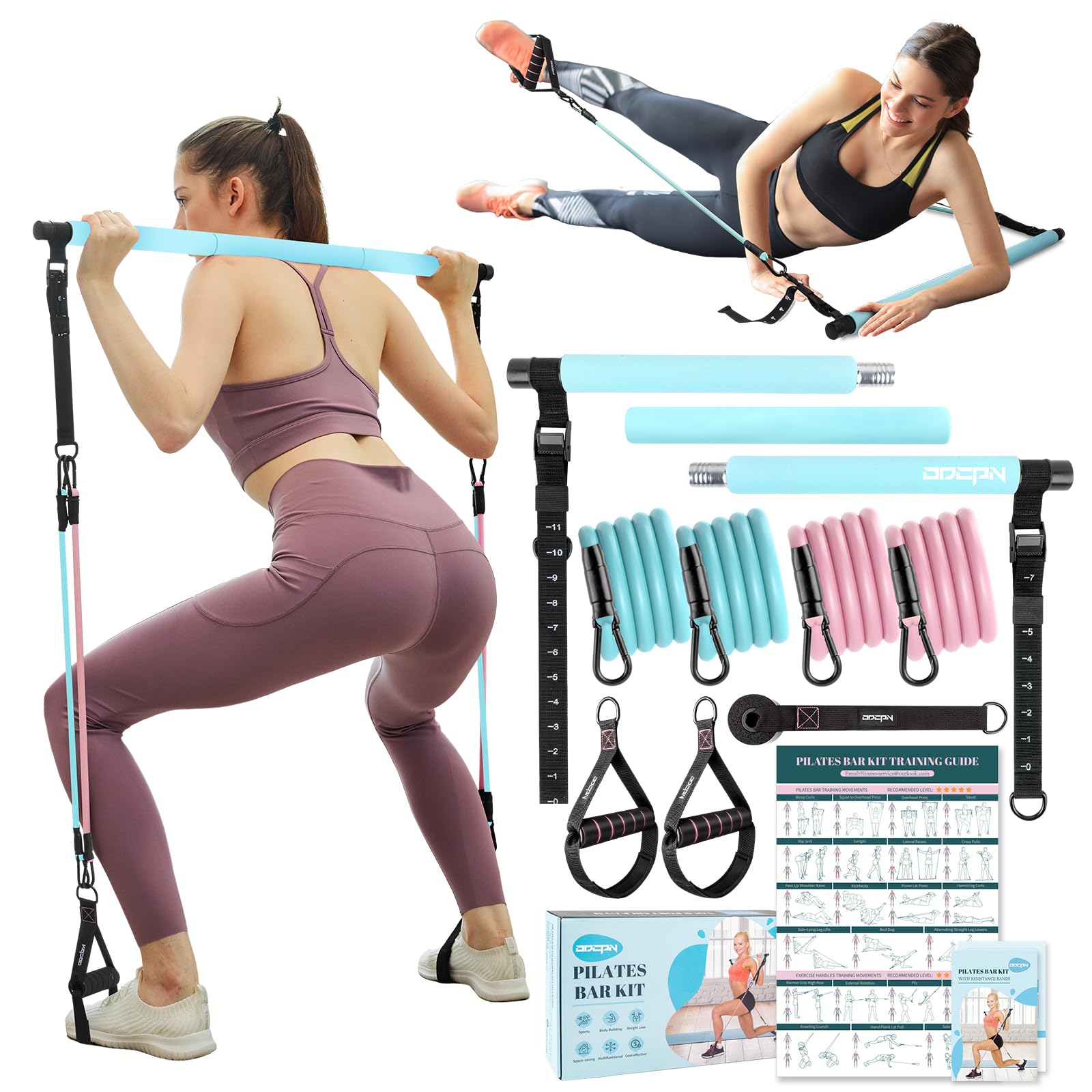 Pilates Bar Kit with Resistance Bands - Multifunctional Exercise Bar with Ab Roller for Pilates, Abs & Weight Loss - Portable Home Gym Equipment for Full Body Workout - Ideal for Women's Fitness & Home Training