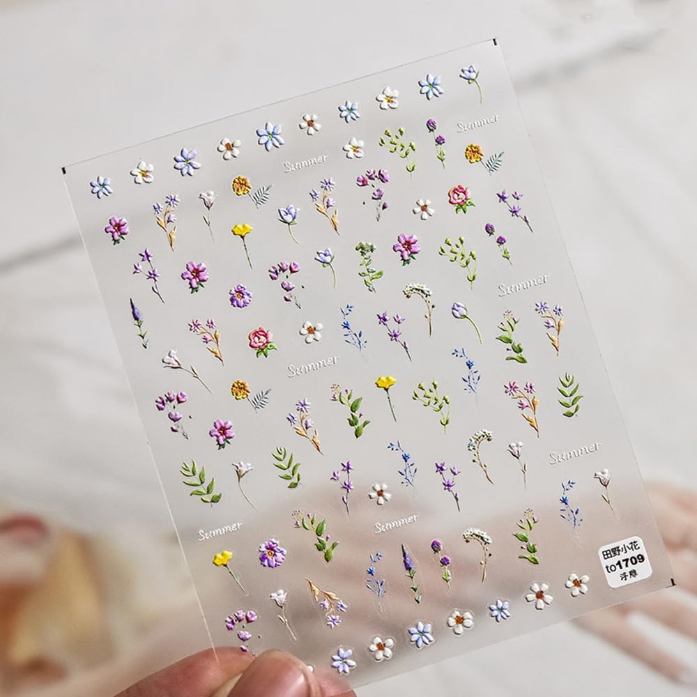 5D Floral Nail Stickers for Women - Summer Wildflower Daisy Leaf Nail Art Decals, 2 Sheets 3D Embossed Floral Nail Supplies for Manicure & Pedicure - Perfect for Spring Nail Designs, DIY Home Salon, Party Nail Art and Gift Giving