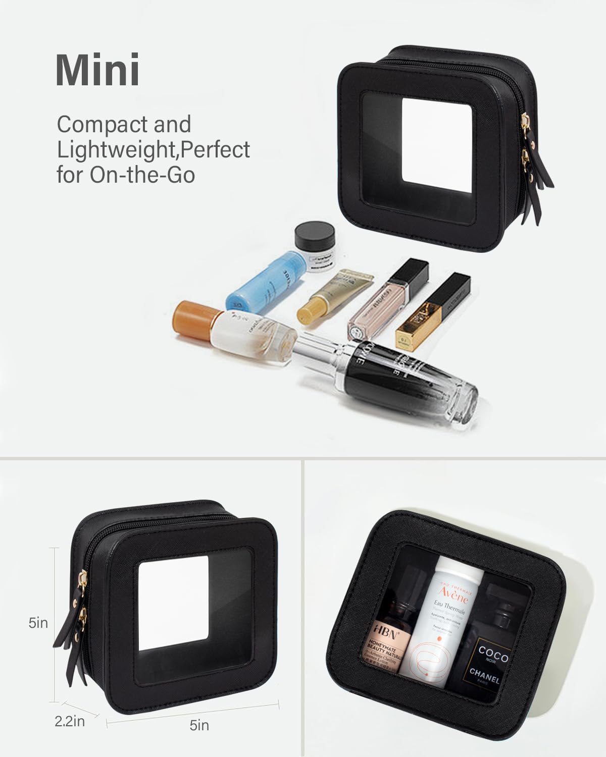 KOTORA Clear Makeup Bag Set for Women - Waterproof Travel Cosmetic Organizer & Toiletry Pouch - Perfect for Car Essentials, Gym, Airplane Carry-on & Daily Beauty Storage (Black)