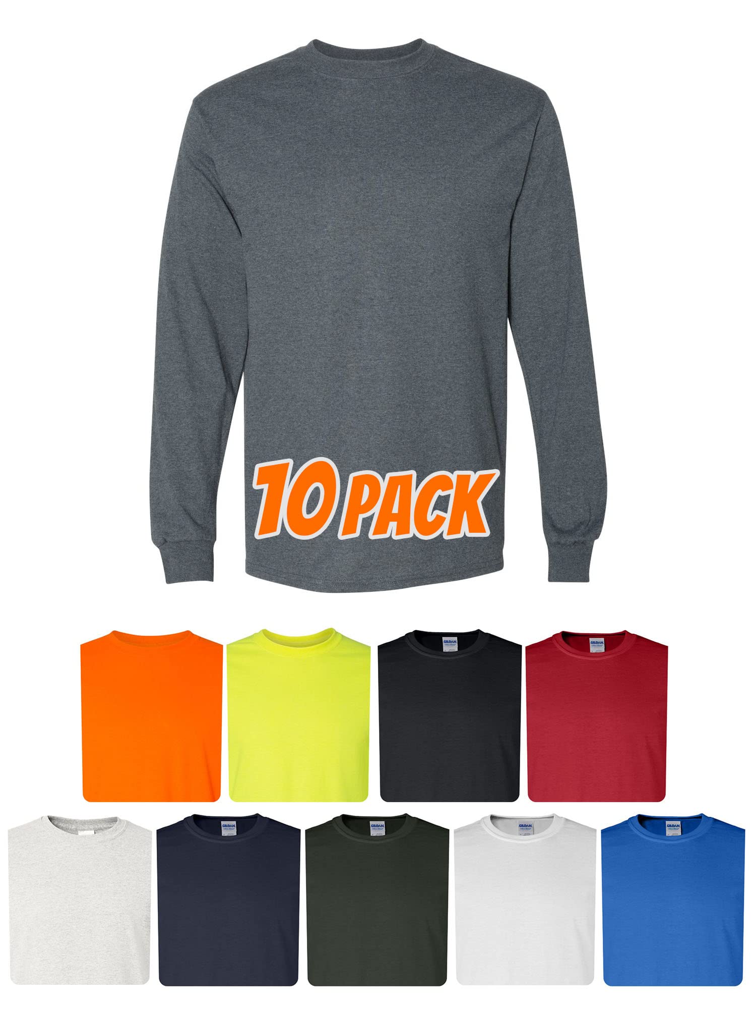 8400 Multipack Men's Bulk Crewneck T-Shirts - 10 Pack Long Sleeve Plain Tee Set for Adults (Assorted Colors) - Perfect for Work, Gym, Casual Wear & Everyday Outfits