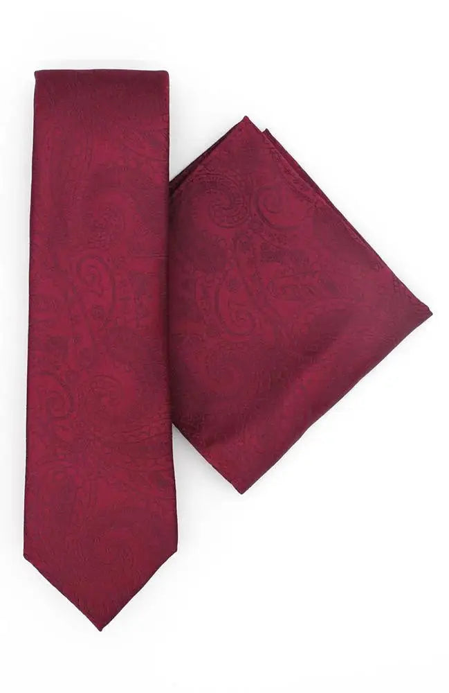 LA Smith Wine Paisley Tie and Pocket Square Set - Elegant Silk Necktie & Hankie Combo for Men's Formal Wear, Weddings & Business Attire