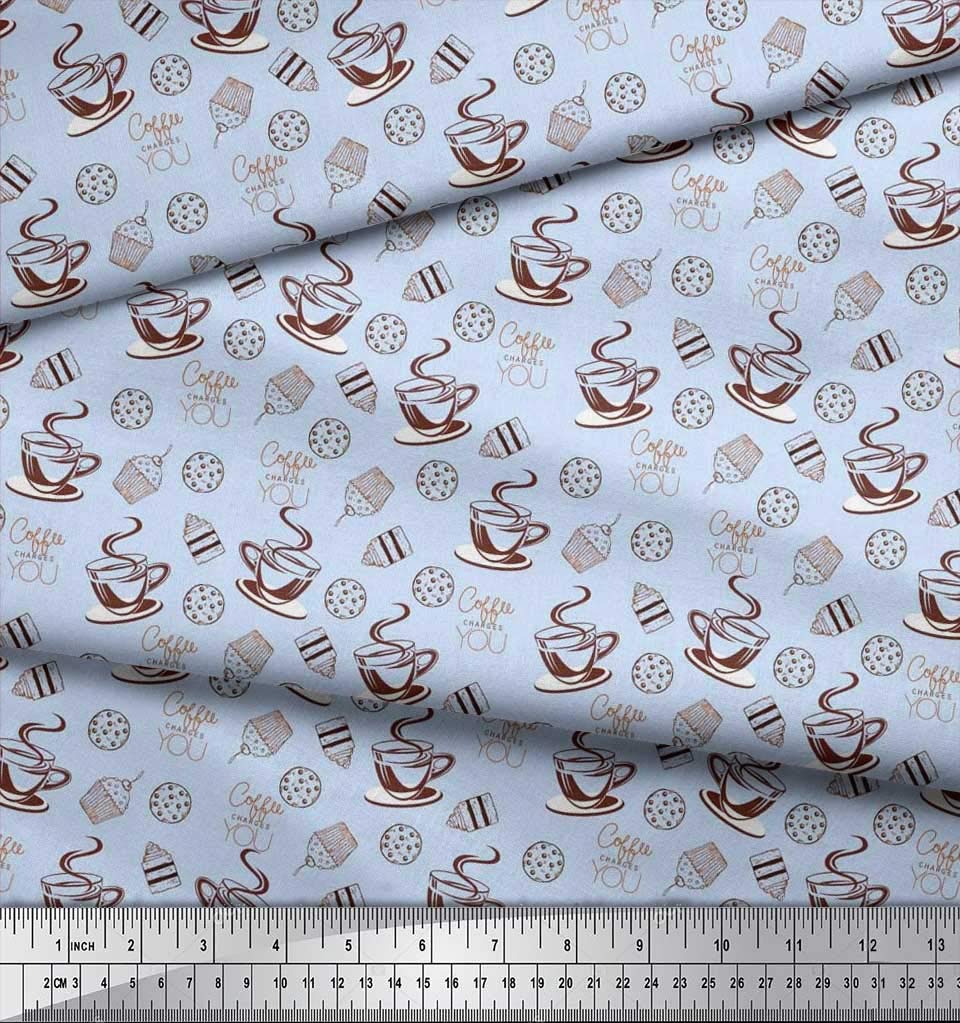 Soimoi Japanese Crepe Blue Fabric by The Yard - 42 Inch Wide - Coffee, Cookies & Cupcake Print Textile - Sweet Floral Pattern for DIY Fashion, Home Decor, Quilting & Craft Projects