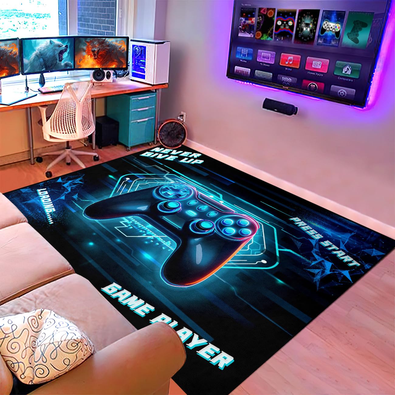 3D Gamepad Controller Area Rug - Blue Gamer Rug for Kids Room, Teen Bedroom & Living Room - Non-Slip Polyester Floor Mat (47