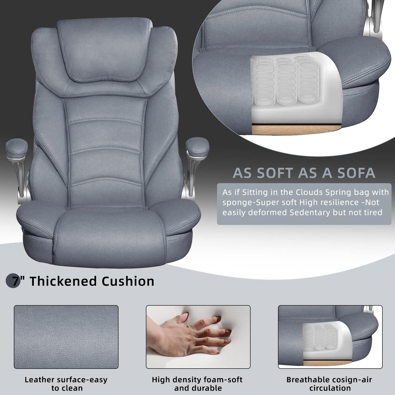Premium Big and Tall Executive Office Chair for Heavy People up to 400lbs - Wide Seat High Back Leather Desk Chair with Lumbar Support & Adjustable Armrests - Ergonomic Grey/Blue Chair for Home Office, Conference Rooms & Executive Suites