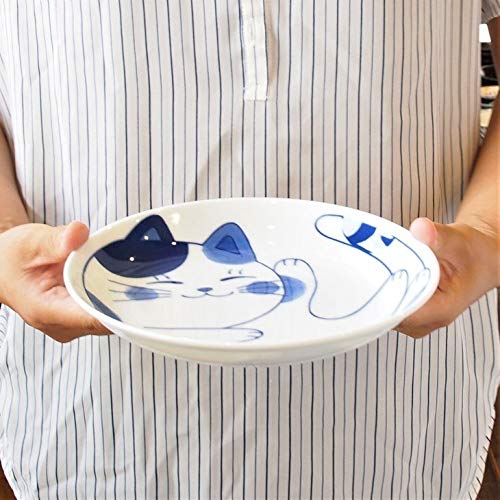 Japanese Mino Ware Pasta Bowl - 7.9 Inch Cat Design Ceramic Rice & Soup Bowl for Curry, Salad, Noodles | NEKOCHIGURA Cat-Themed Dinnerware for Home & Restaurant Use