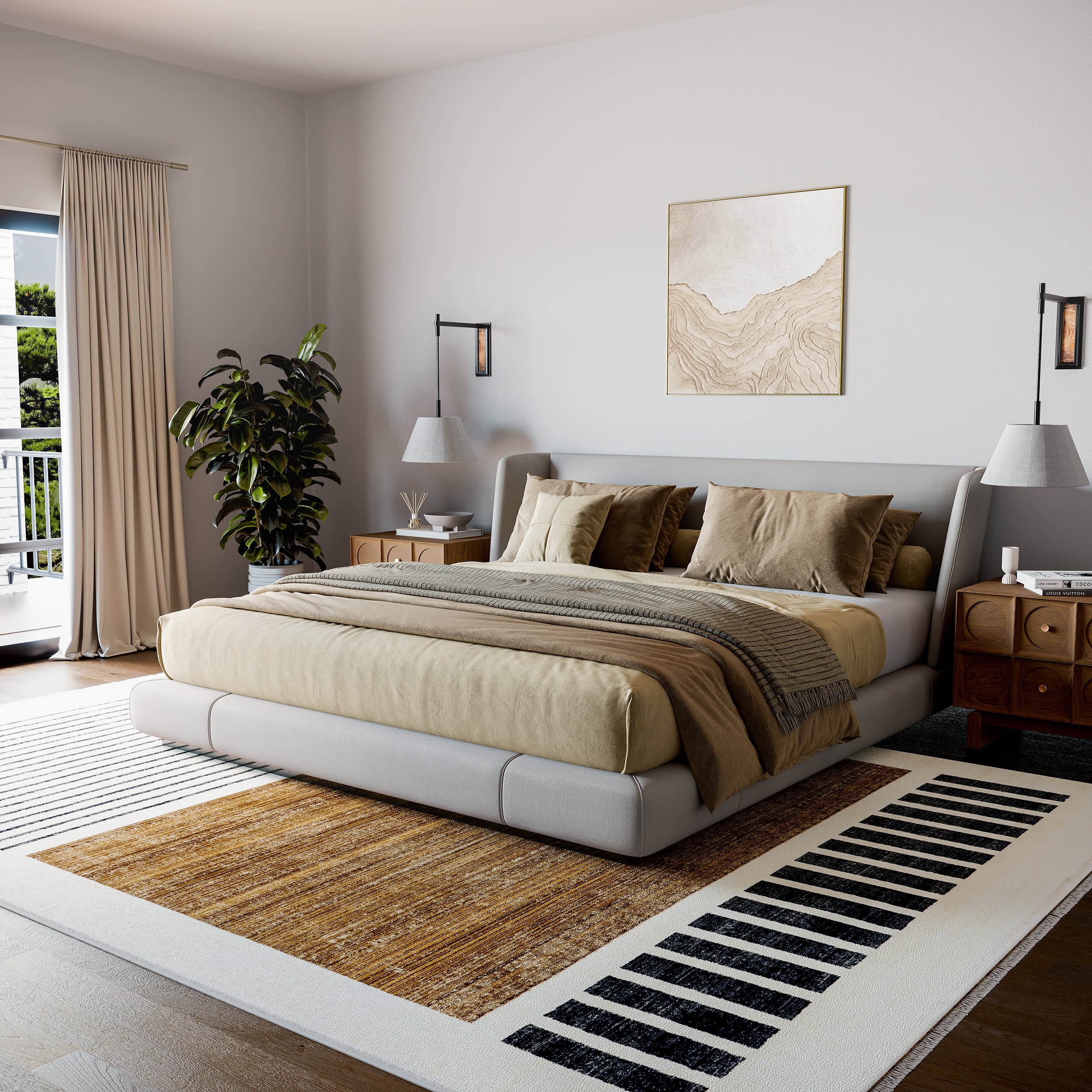 Anette Block Striped Rug - Soft & Stylish Beige Area Rug for Living Room, Bedroom, or Office Decor