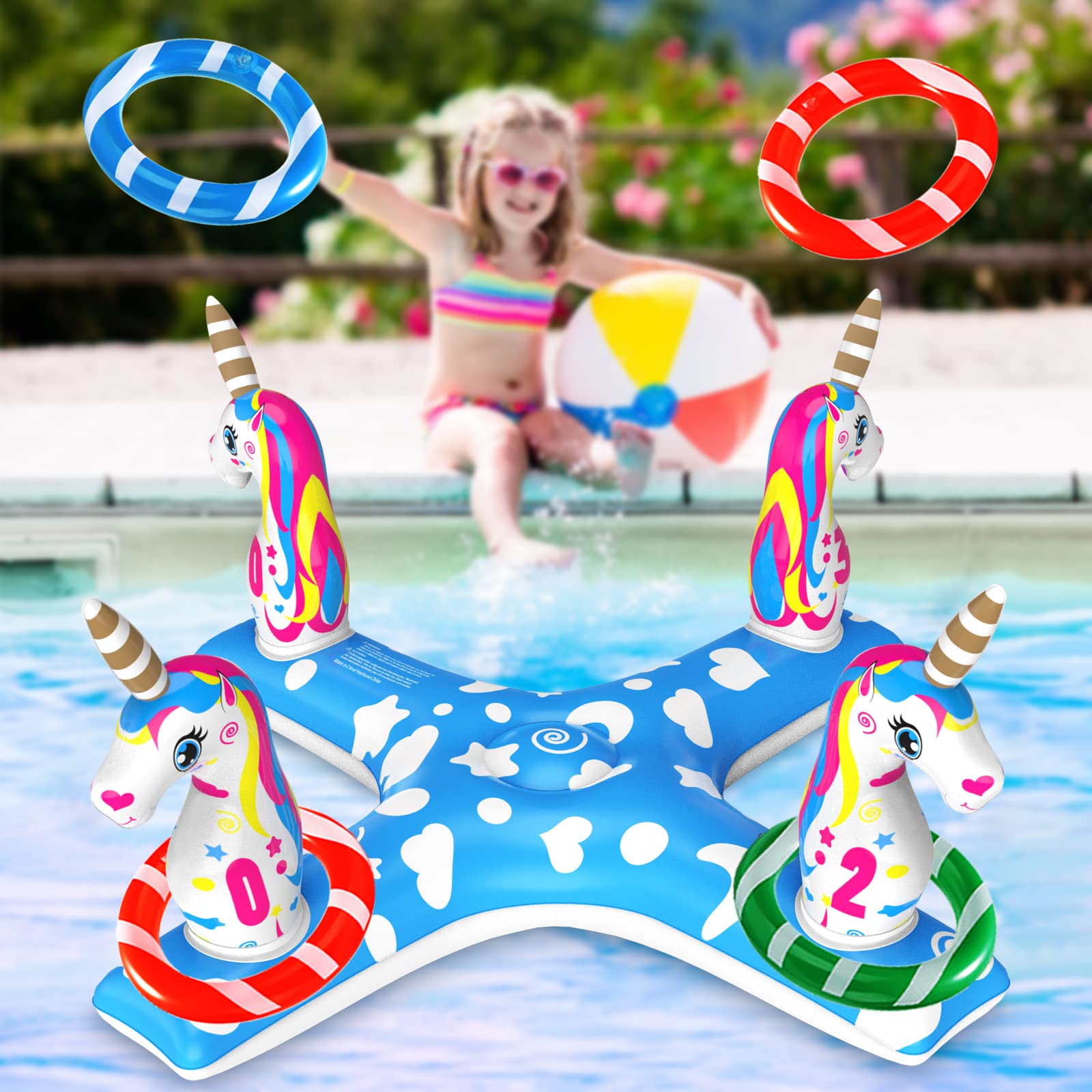 **Dokeawo Inflatable Pool Ring Toss Game Set - 6 Floating Rings for Multiplayer Fun - Perfect for Summer, Backyard, Beach & Pool Party Outdoor Activities**