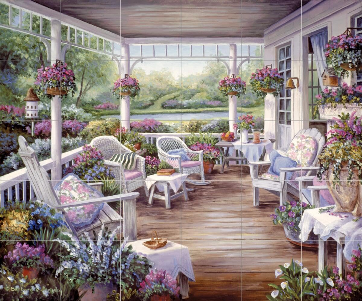 Barbara Felisky Ceramic Backsplash Tile Mural - Handmade Garden Landscape Design for Kitchen, Bathroom & Shower - Waterproof Wall Art for Patio Decor with Basket Motifs - Perfect for Farmhouse, Cottage & Mediterranean Style Homes