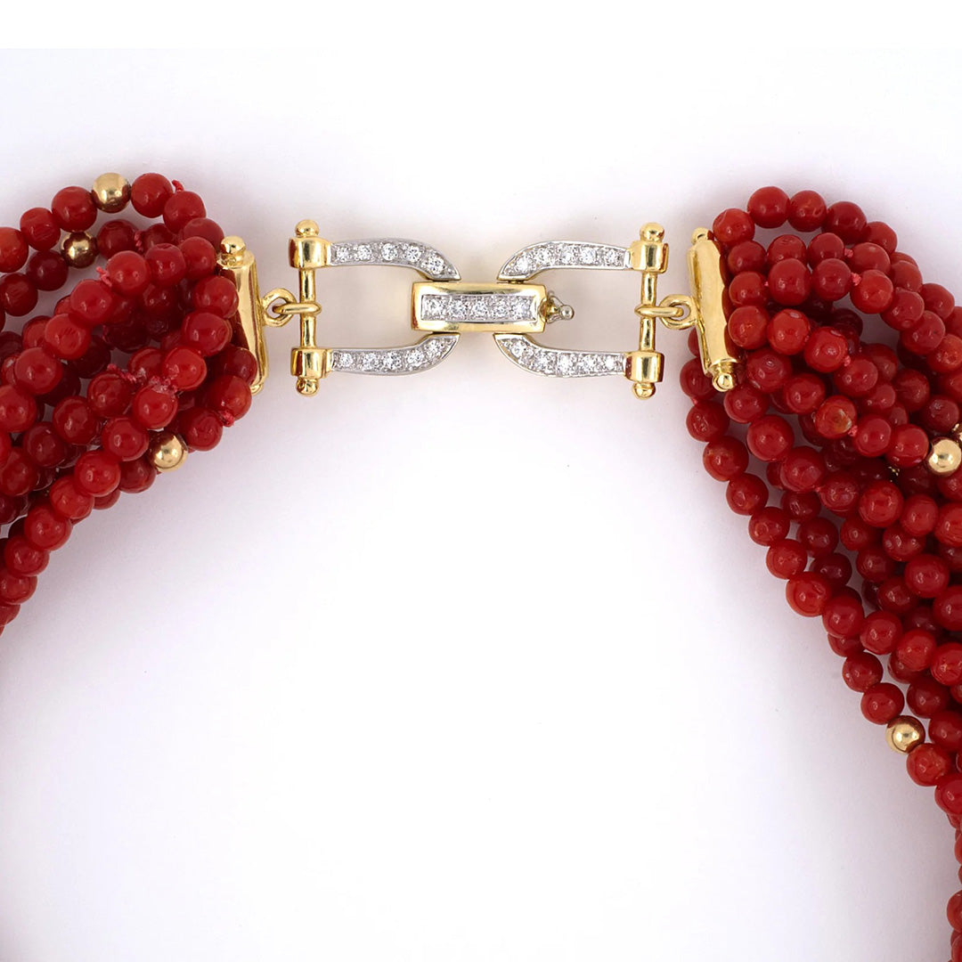 12 Strand Coral Torsade Necklace with Diamond Buckle Clasp - Elegant Beaded Pearl Jewelry for Women, Perfect for Weddings, Parties & Special Occasions