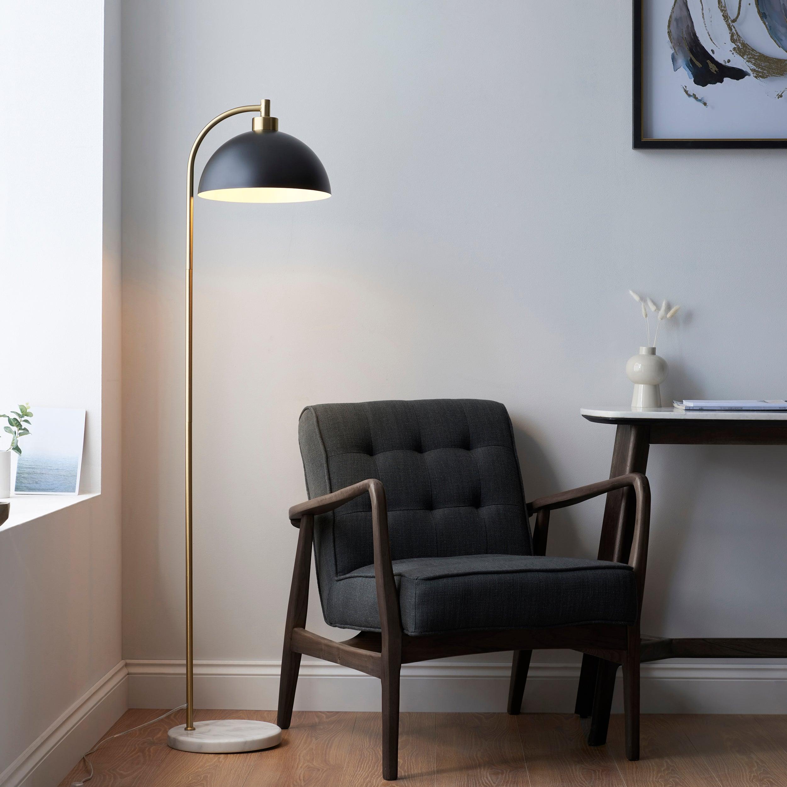 Buchanan Brass & Black Adjustable Floor Lamp with Marble Base - Modern Reading Light for Living Room, Bedroom & Office