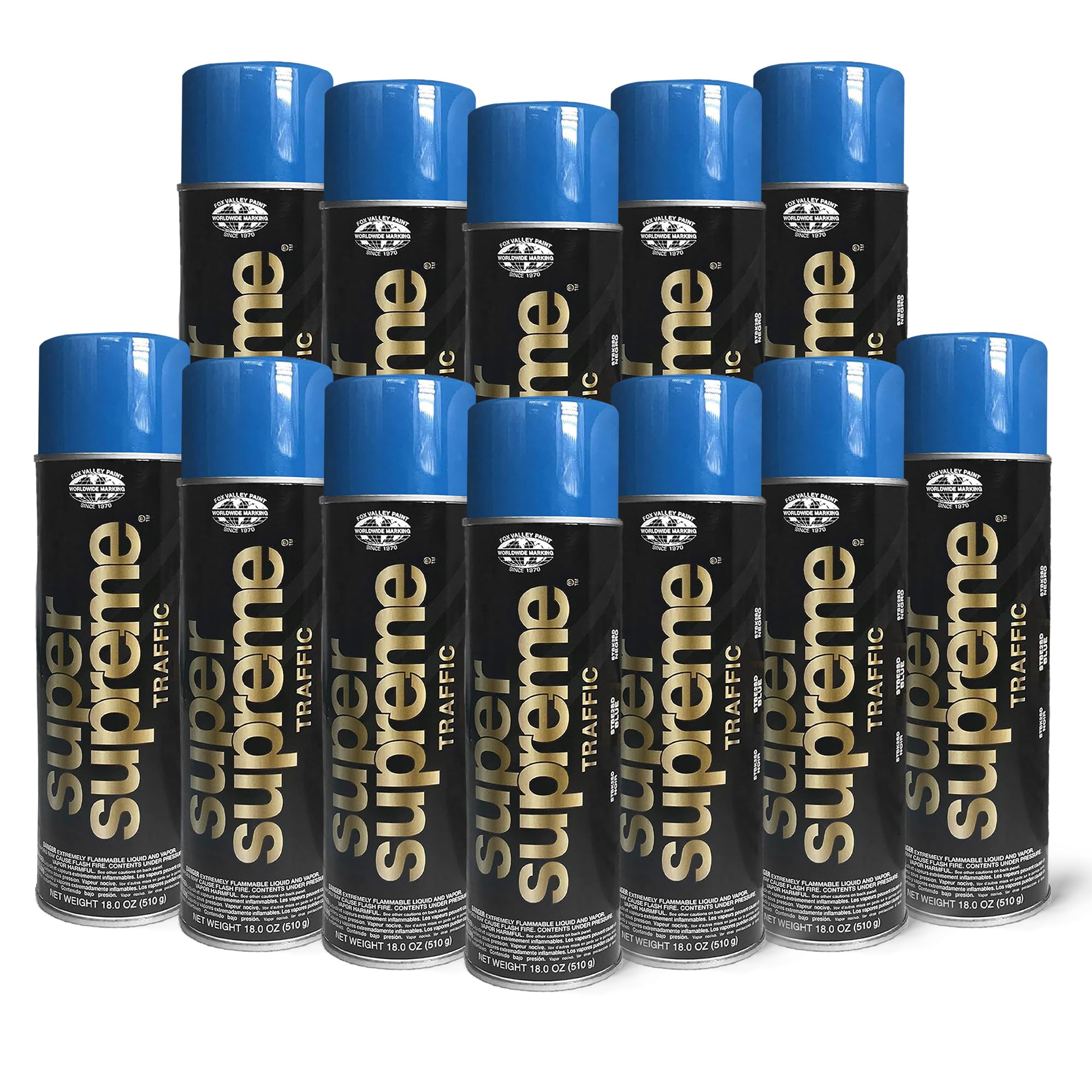 Fox Valley Super Supreme Traffic Spray Paint - 18 oz (Pack of 12), Blue - High-Performance Road Marking Paint for Parking Lots, Sidewalks, Warehouses & Factory Floors - Easy to Use, Durable & Weather-Resistant - Perfect for DIY Projects & Professional Road Maintenance