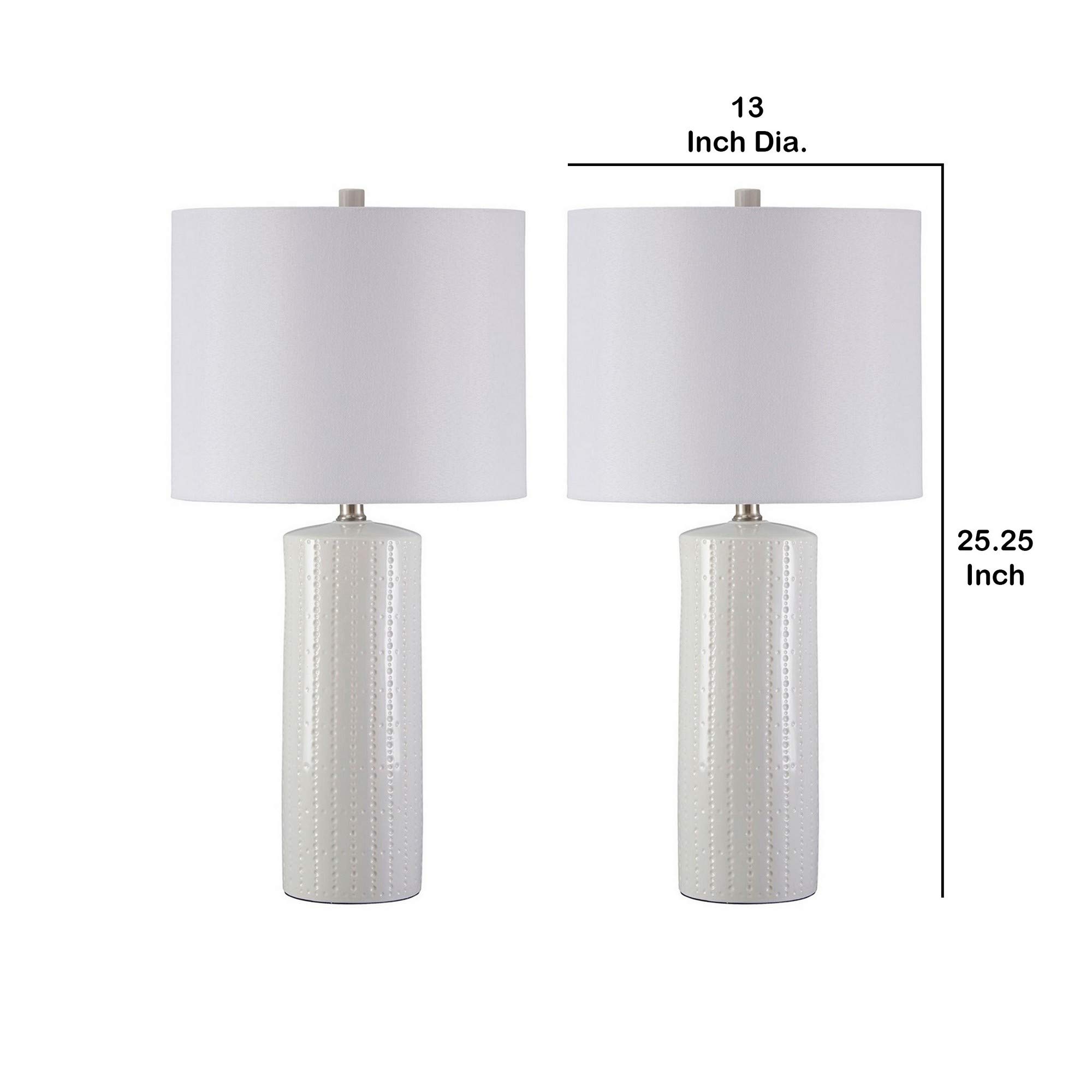 Benjara 2-Pack White Carved Ceramic Table Lamp with Drum Shade - Elegant Home & Office Lighting for Bedroom, Living Room, or Study Decor