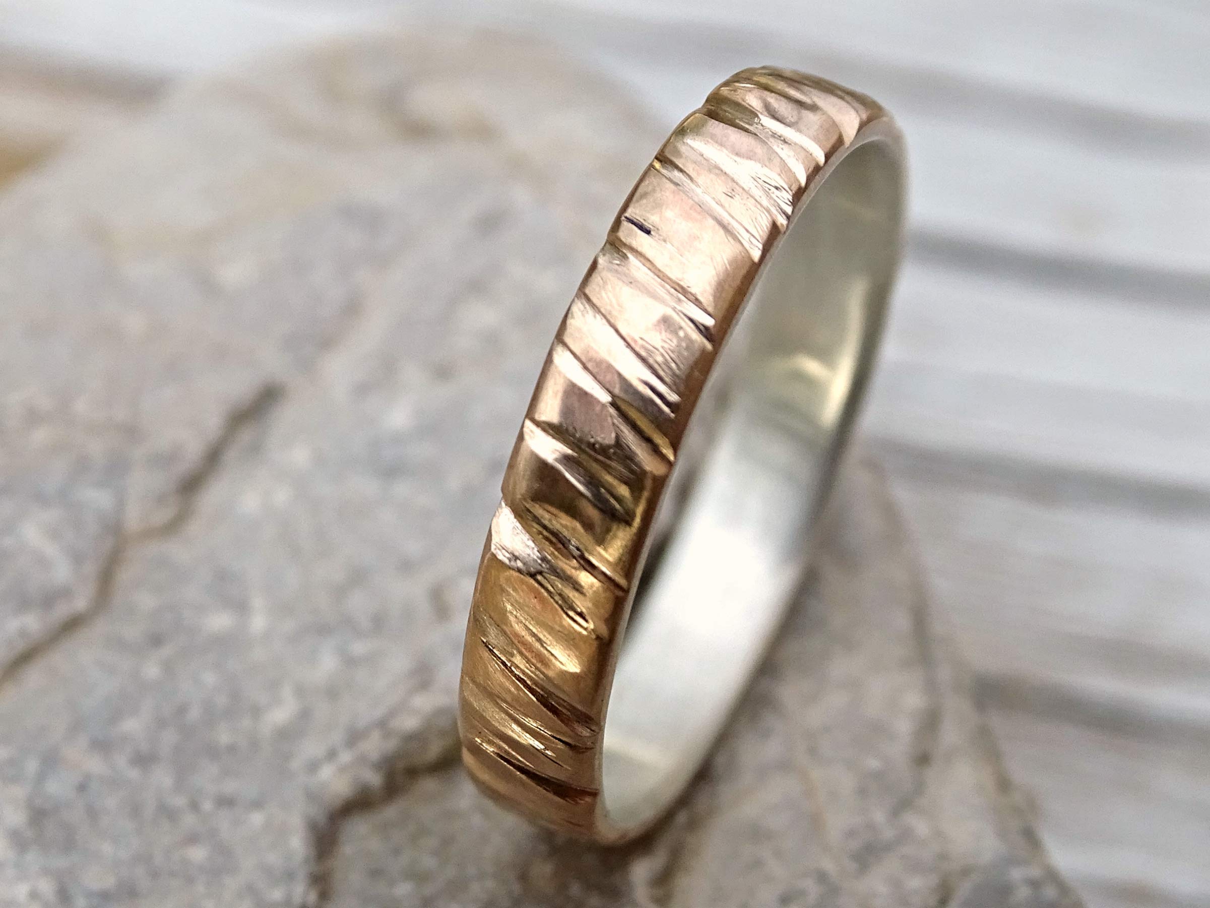 Men's Bronze Wedding Band with Tree Bark Texture - Mixed Metal Bronze & Silver Ring for Men, Anniversary Gift for Him, Perfect for Everyday Wear and Special Occasions