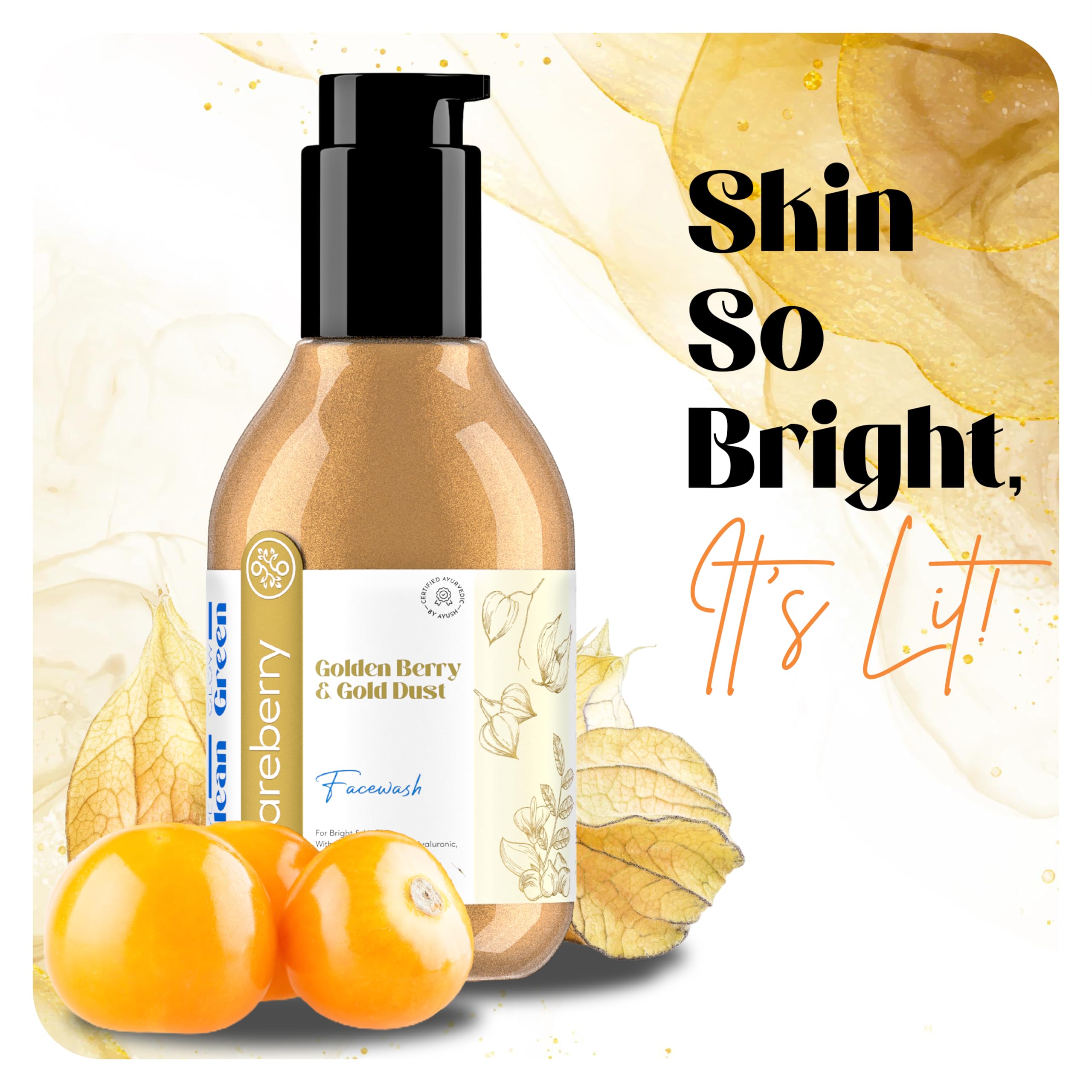 Careberry Golden Berry & Gold Dust Face Wash - Ayurvedic Brightening Cleanser with Hyaluronic Acid, Niacinamide & Salicylic Acid | Anti-Pollution, AYUSH Certified | For Glowing Skin (Men & Women, 100ml) | Perfect for Daily Skincare Routine & Pollution Protection