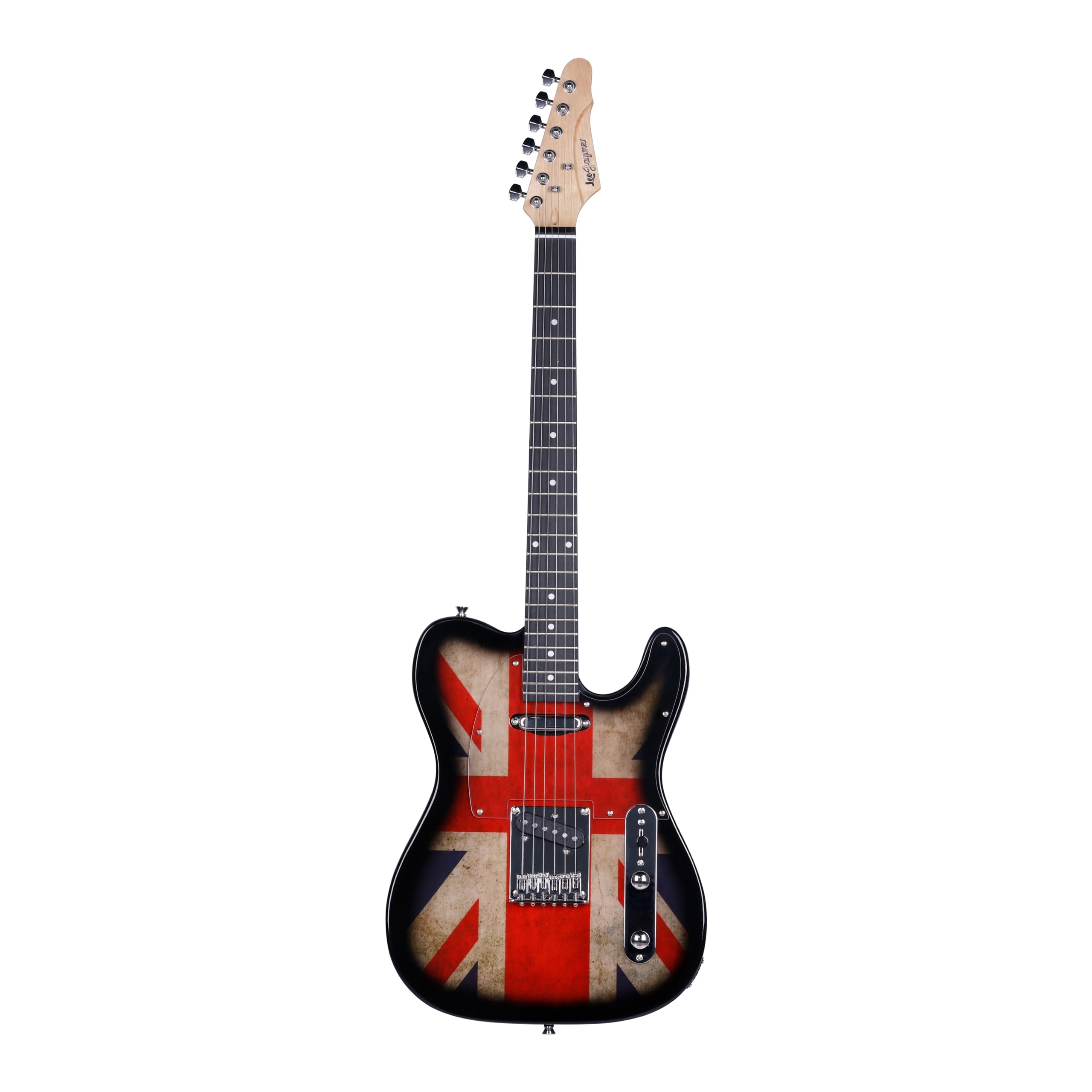 Leo Jaymz TL Style Electric Guitar with UK Flag Sticker - Premium High Gloss Mahogany Body & Hard Maple Neck - Clear Acrylic Pickguard - Perfect for Rock, Blues & Stage Performances