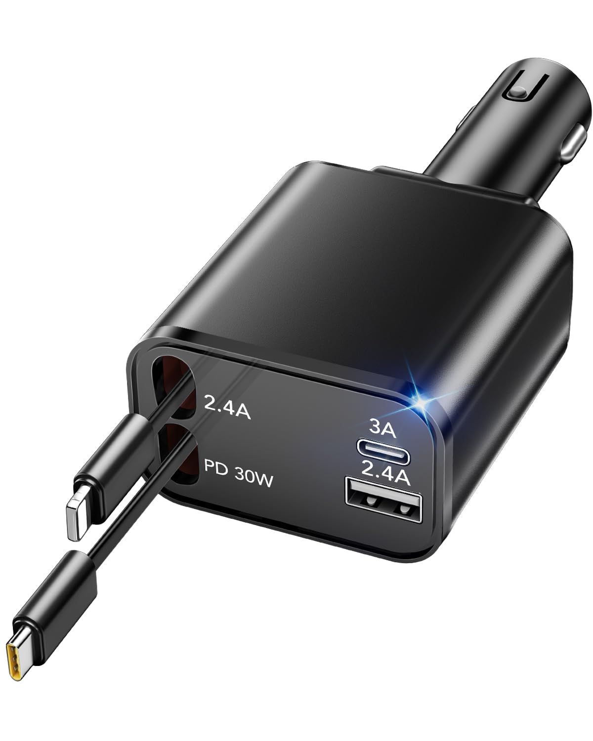 HATALKIN 69W Retractable Car Charger - 4-in-1 Fast Charging with 2 Retractable Cables & USB-C Port - Compatible with iPhone 15/14/13/12/11, iPad Pro, Samsung Galaxy, Google Pixel - Perfect for Road Trips & Daily Commutes