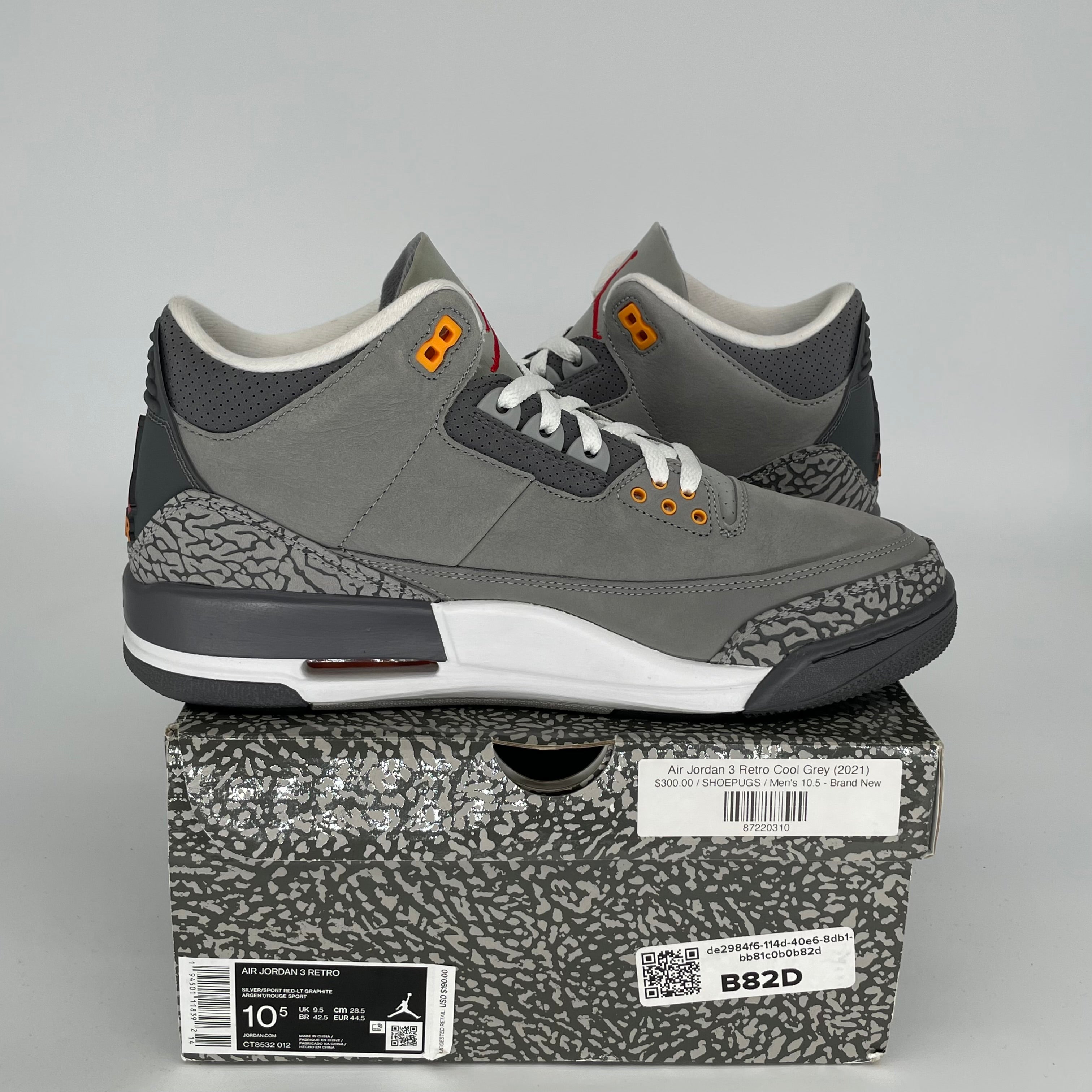 Original Air Jordan 3 Retro 'Cool Grey' Men's Basketball Shoes Size 10.5 (CT8532-012) - Perfect for Streetwear, Sneaker Collecting & Casual Fashion