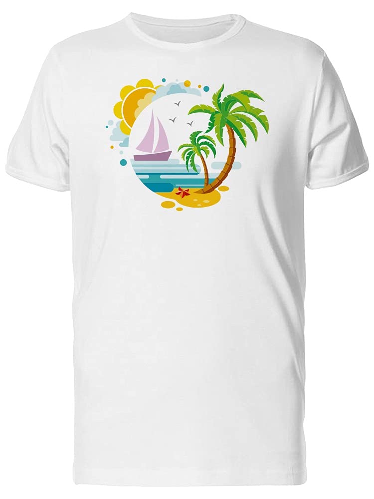 Palm Island with Boat Art Men's T-Shirt - White Cotton Tee for Casual Wear & Beach Outings