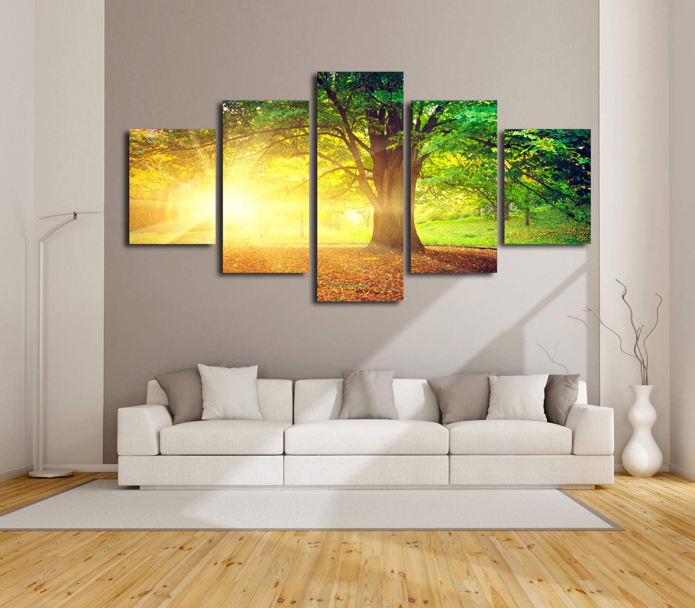 5-Panel Sunset Trees Canvas Wall Art - Framed Forest Print for Bedroom & Office Decor