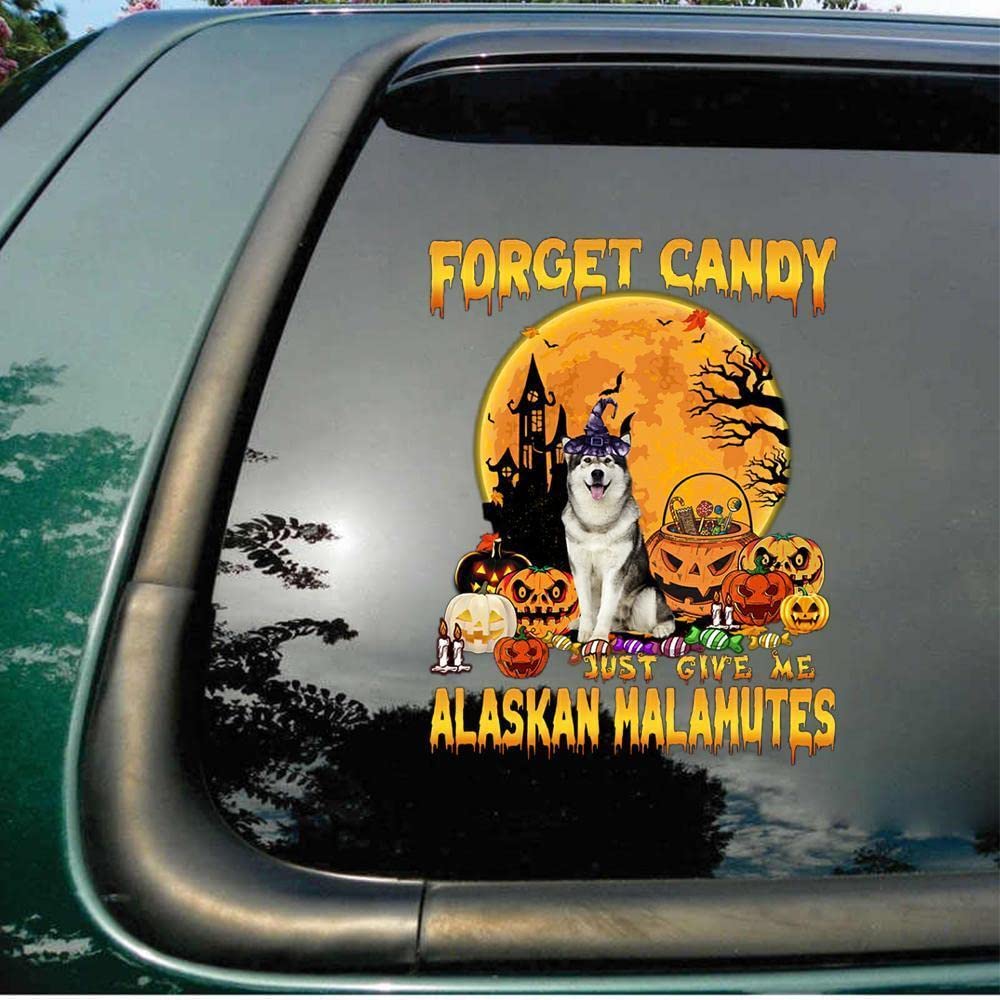Funny Alaskan Malamute Dog Halloween Car Decal - Forget Candy, Just Give Me Malamutes - Bumper & Window Sticker for Car Accessories, Perfect for Halloween Decorations and Pet Lovers