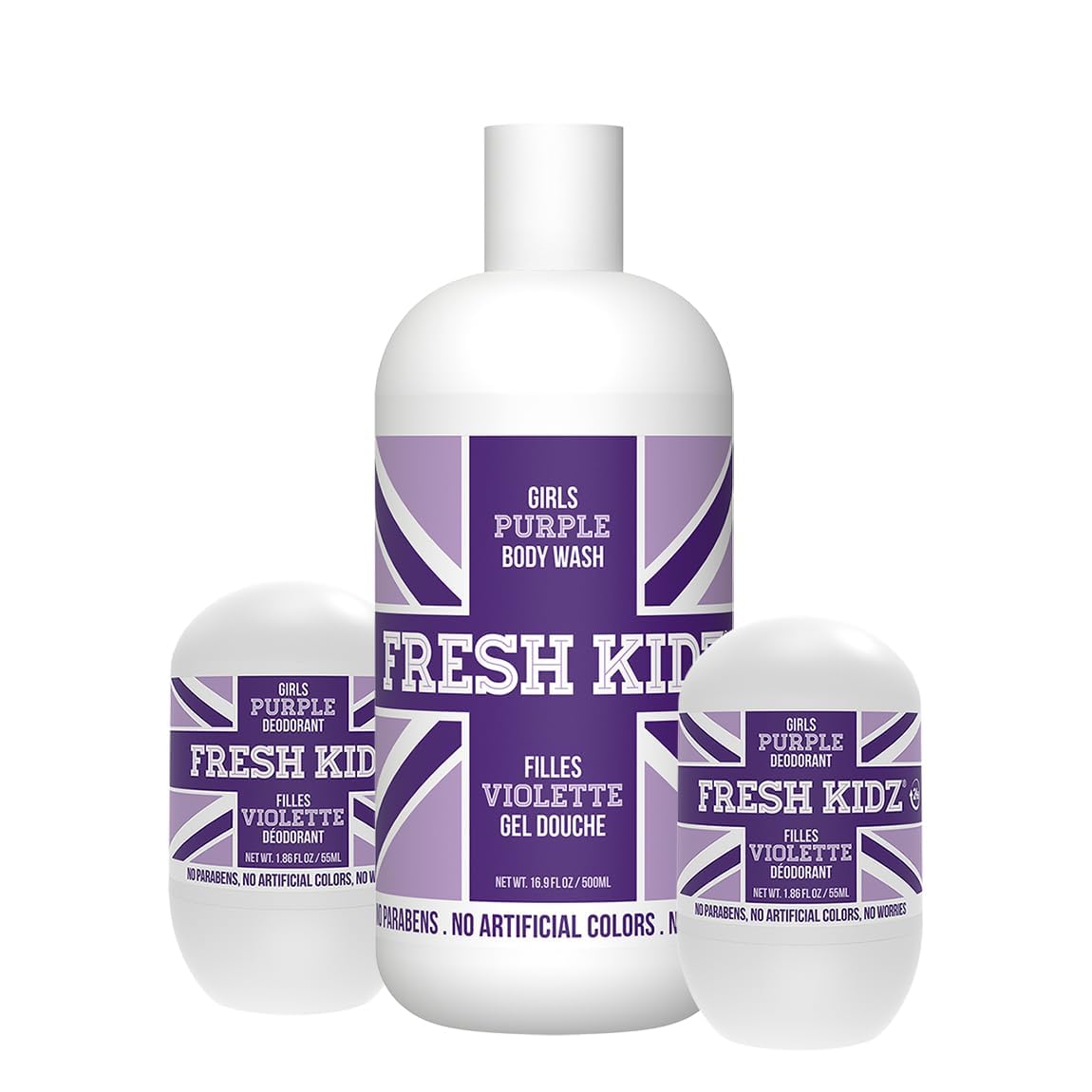 Fresh Kidz Body Wash 16.9 fl.oz. & 2 Roll-On Deodorants 1.86 fl.oz. for Kids & Teens - Girls Purple Set | Gentle Cleansing & Odor Protection | Perfect for School, Sports & Daily Hygiene