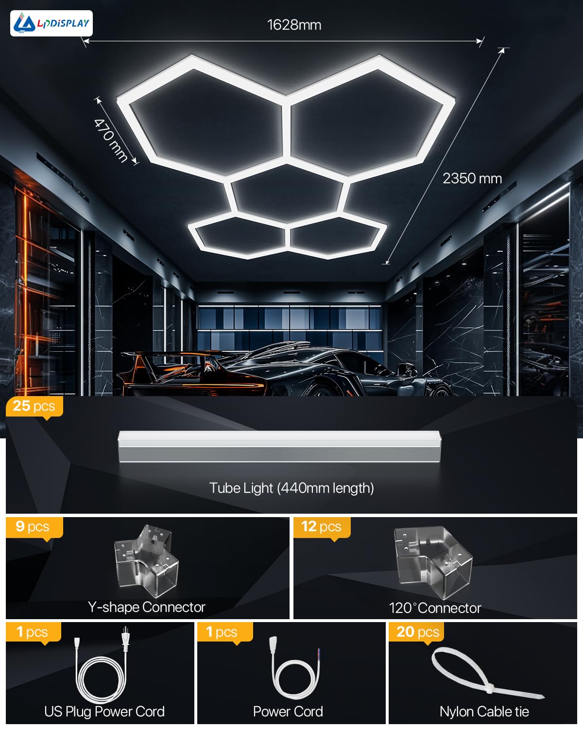 Hexagon LED Garage Light 25 Pack - 200W 30000LM 6500K Bright White Hexagonal Lights for Garage, Basement, Warehouse | Dimmable Shop Lighting for Auto Detailing, Car Workshop & Industrial Spaces