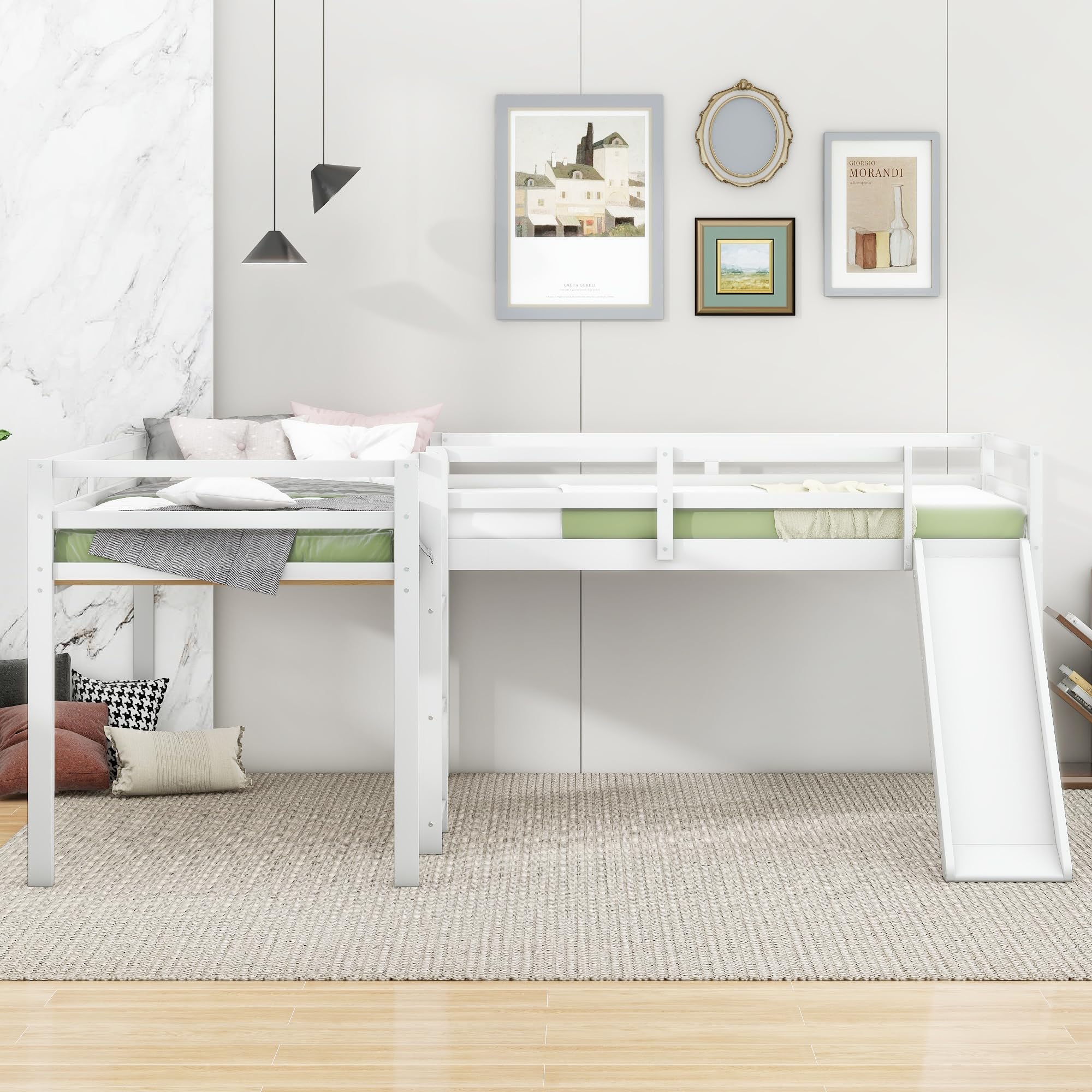 Harper & Bright Designs L-Shape Loft Beds with Slide & Ladder - Twin Size Wooden Bunk Bed Frame for 2 Kids - Space Saving Corner Loft Bed for Girls, Boys & Teens - No Box Spring Needed - Gray & White - Perfect for Small Bedrooms, Kids' Rooms & Shared Spaces