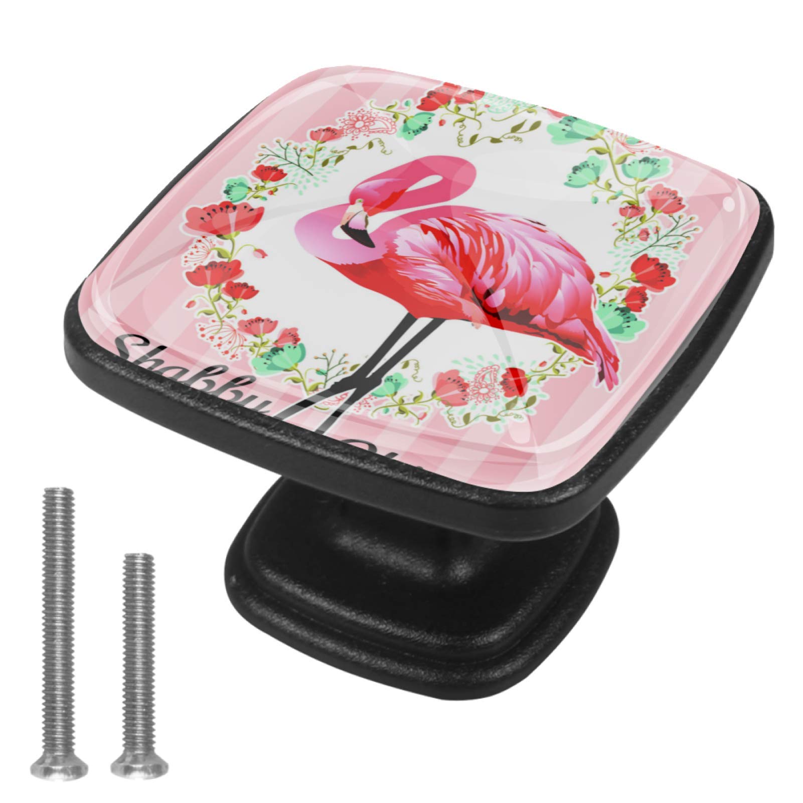 4 Pack Shabby Chic Flamingo Cabinet Knobs - 30mm Square Drawer Pulls for Kitchen, Bathroom, Dresser & Cupboard - Vintage Style Home Decor Hardware for DIY Furniture Upgrade