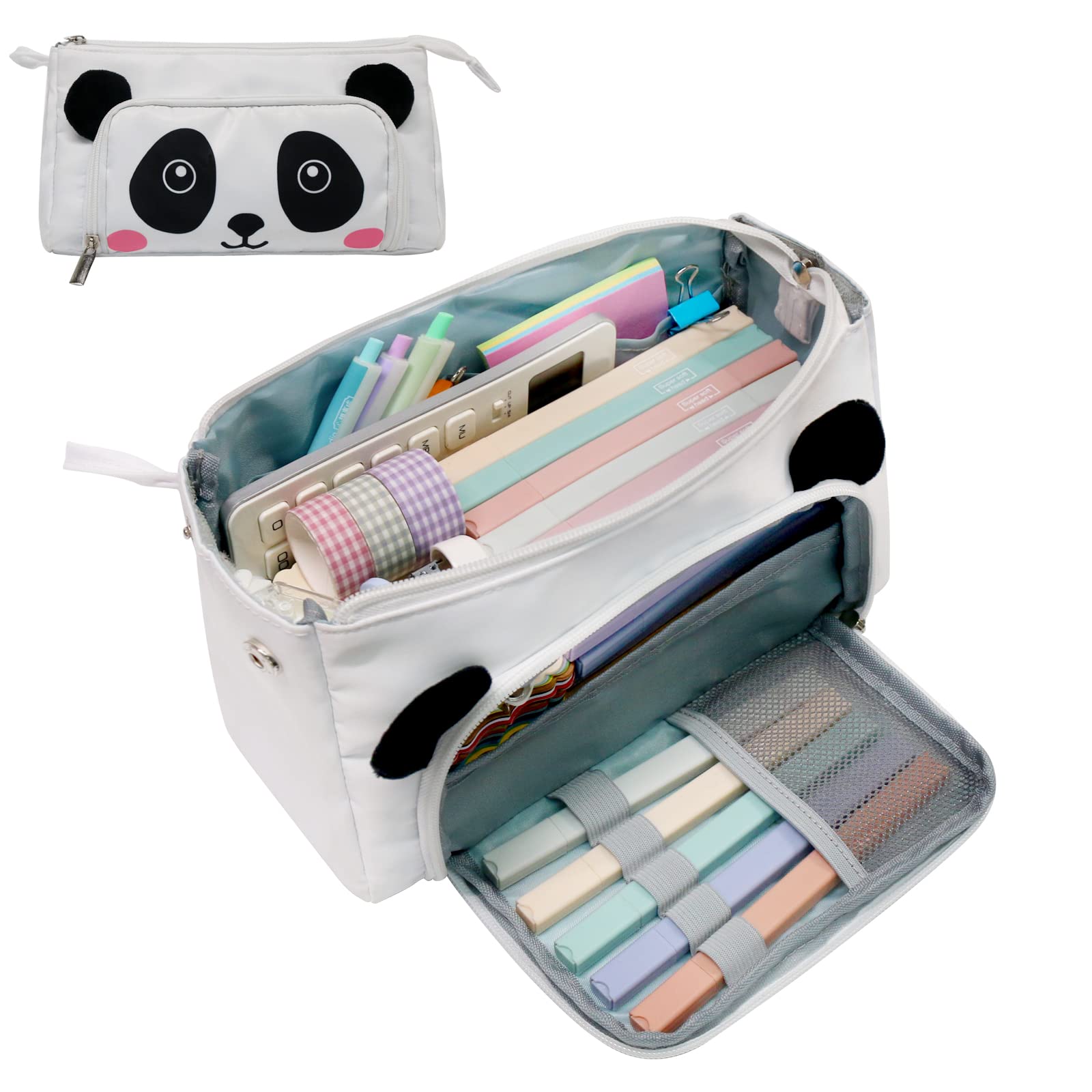 SumDirect Large Capacity Cute Panda Design Pencil Case - Pen Pouch Organizer for School, Office, Teens, Kids & Adults - Perfect for Backpacks, Desks & Travel (White)