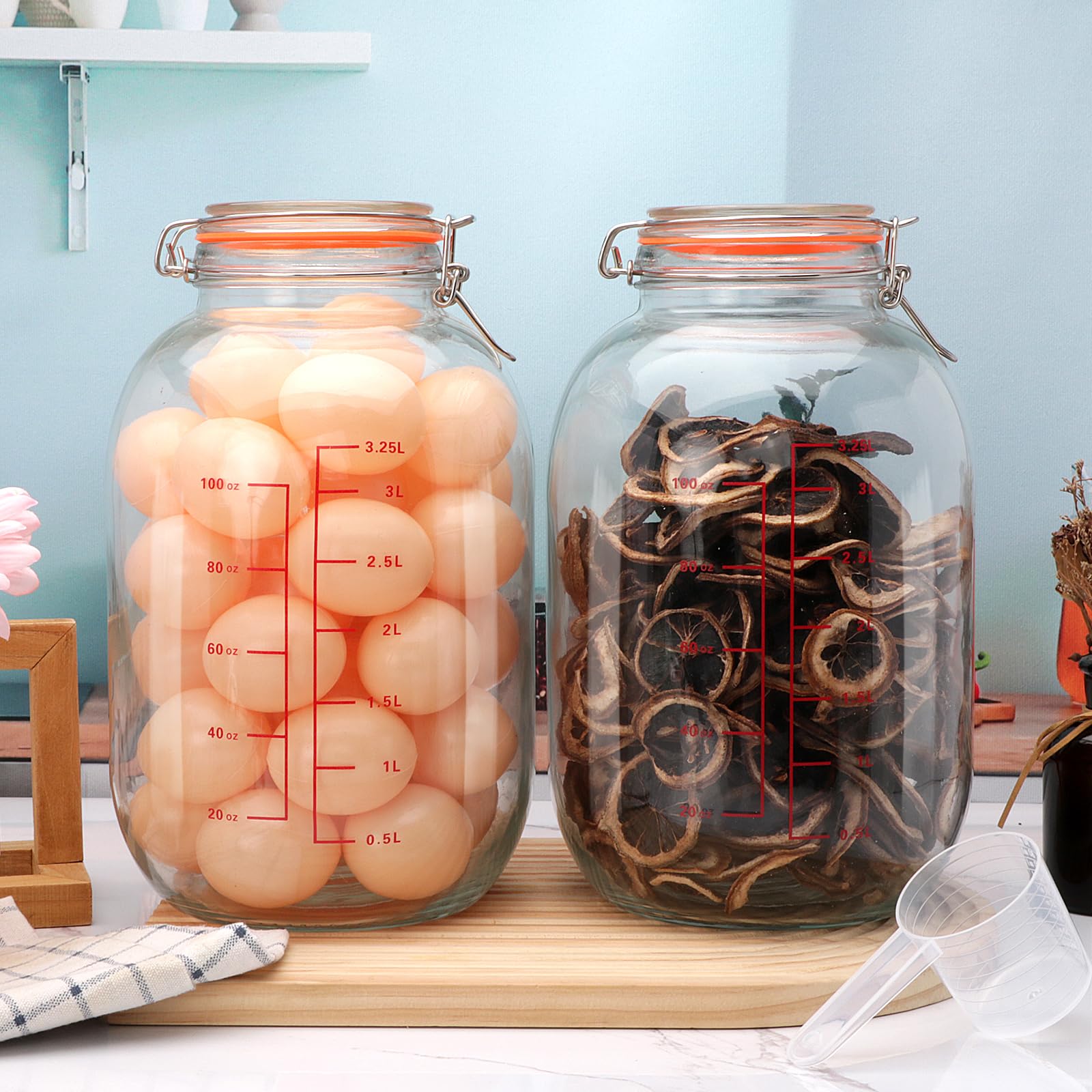 1-Gallon Round Glass Storage Jars with Hinged Lids - Wide Mouth Canning Jars with Scoop & Measurement Marks - Large Glass Containers for Fermenting, Pasta, Pickles, Sun Tea - Perfect for Kitchen, Pantry & Home Organization