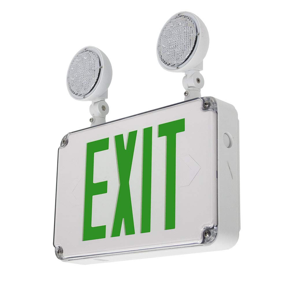 UL Listed LFI Lights - Wet Location Rated Combo Green Exit Sign with Emergency LED Lights, White Housing, Two Adjustable Round Heads, Hardwired with Battery Backup (WLTCOMBO-G) - Ideal for Commercial Buildings, Warehouses, and Public Safety Areas