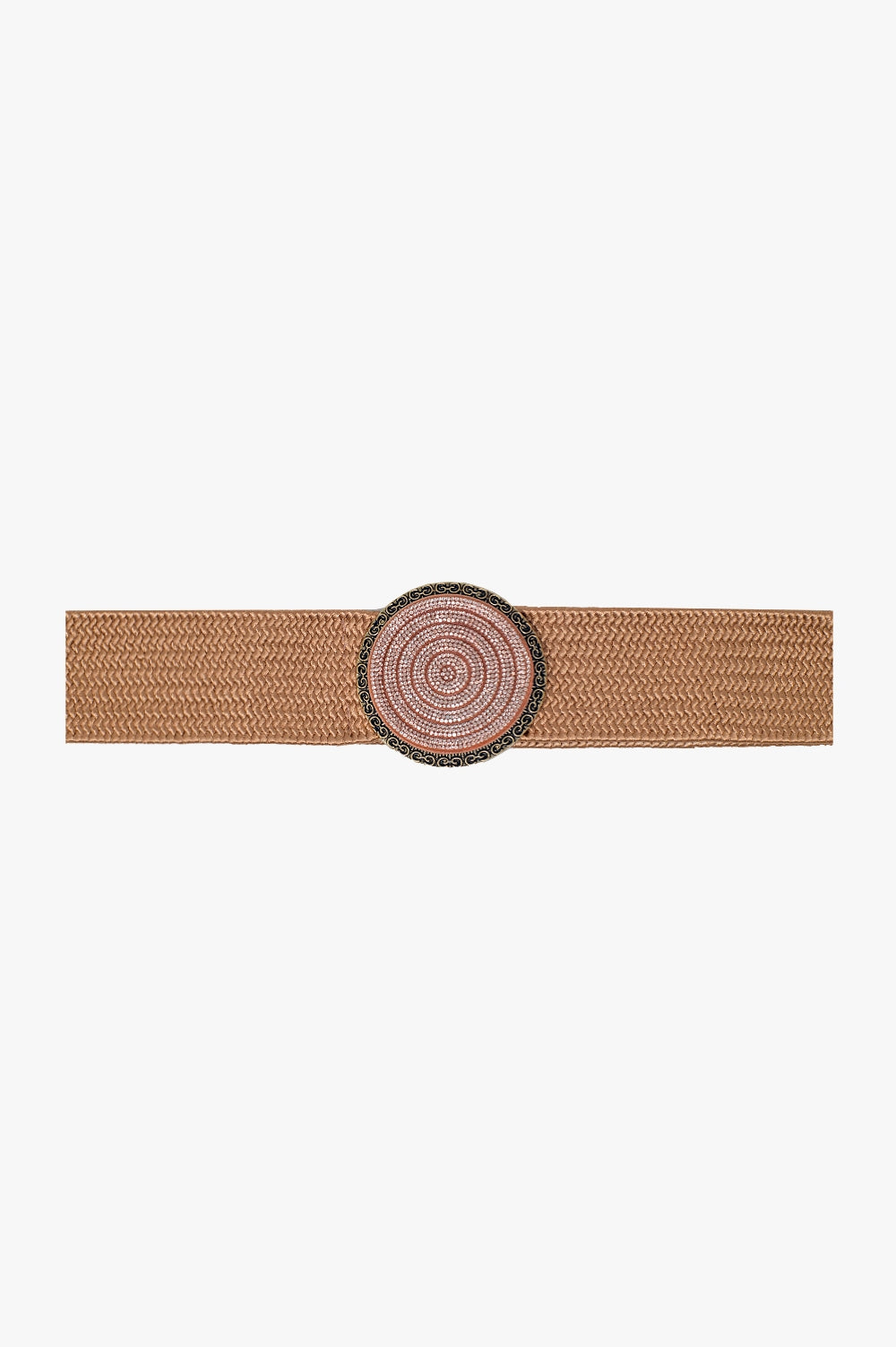Sparkling Rose Pink Woven Belt with Round Rhinestone Buckle - Elegant Waist Accessory for Dresses, Jeans & Formal Outfits