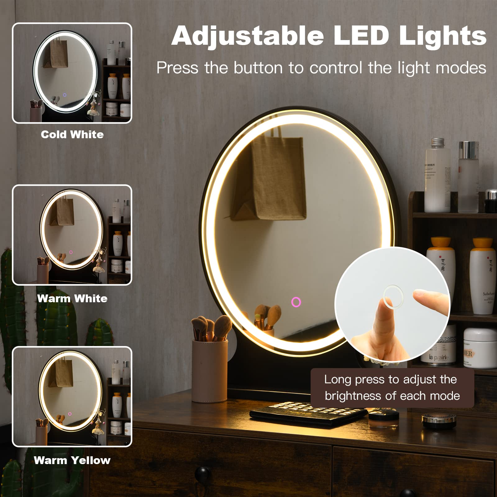 Charmaid Makeup Vanity Table with LED Lights - 3 Drawers & Shelves, Adjustable Brightness, Dressing Desk with Stool - Perfect for Women & Girls Bedroom, Beauty Salon (Rustic Brown)