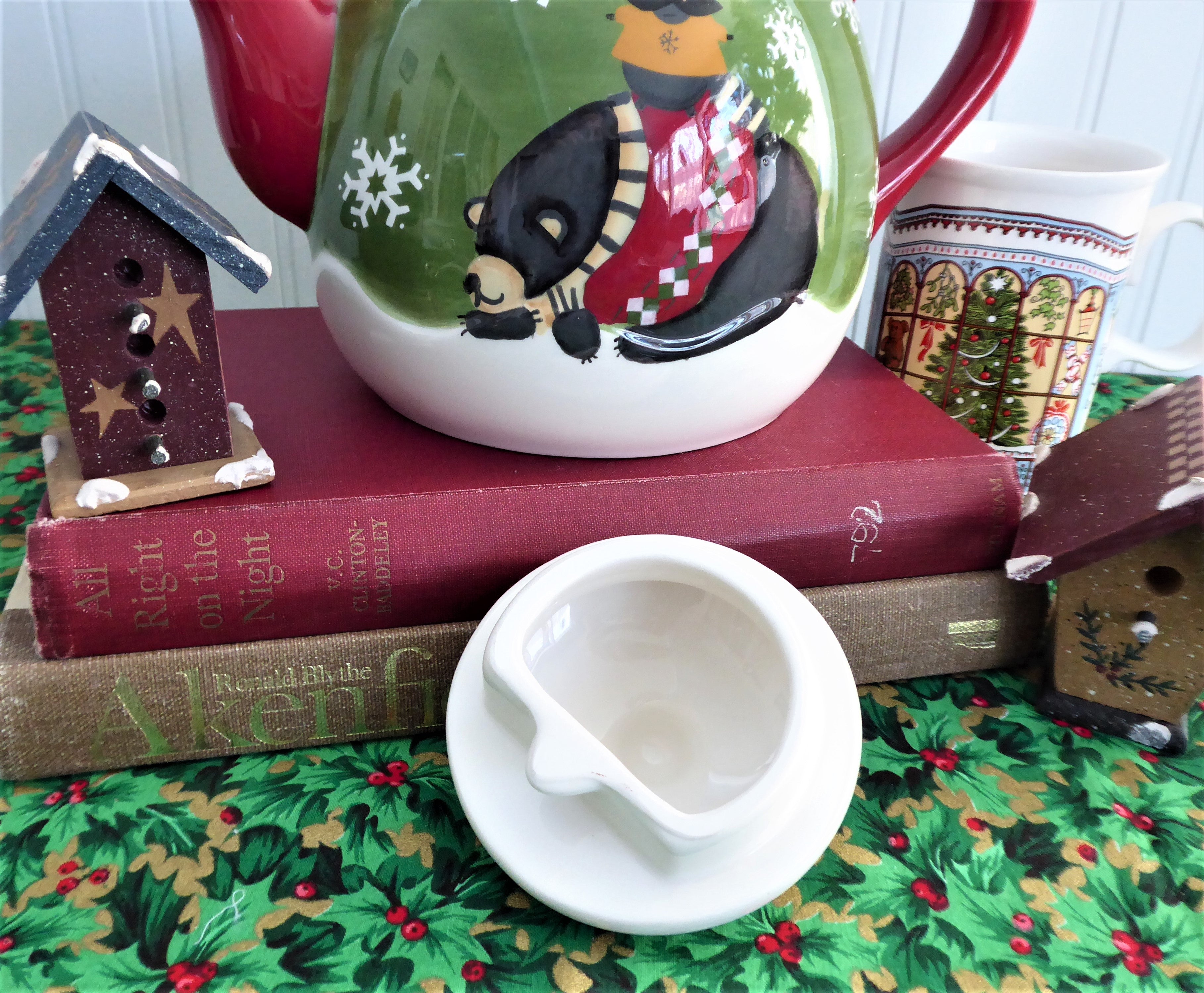 Debbie Mumm Christmas Winter Folk Art Teapot with Bear and Raccoon Design - Large Holiday Teapot for Winter Decorations, Gift Giving & Cozy Tea Time