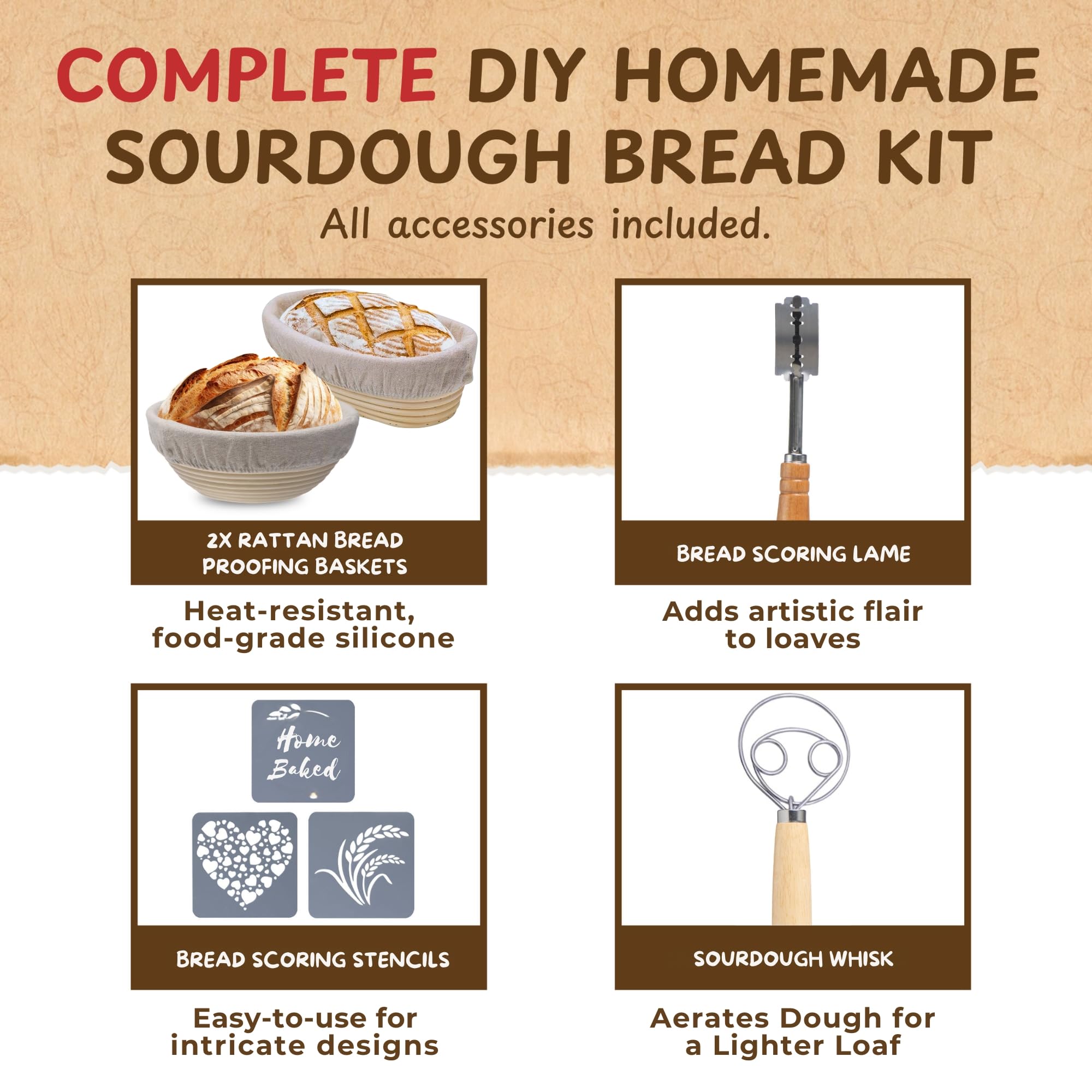 Complete Sourdough Bread Starter Kit with Glass Jar & Baking Supplies - Includes Banneton Basket (2 Baskets + Jar) for Homemade Artisan Bread | Perfect for Beginners & Home Bakers