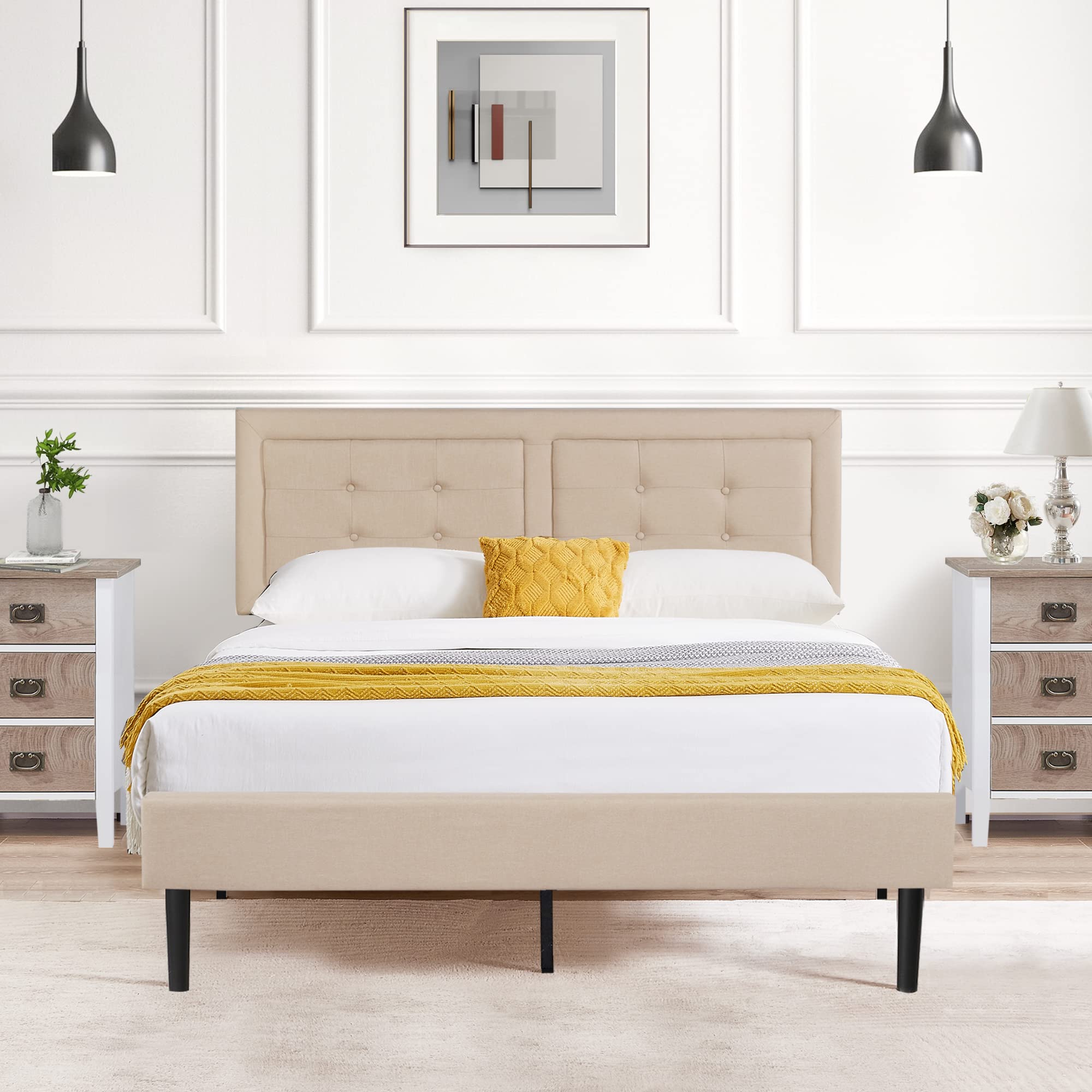 VECELO Full Size Upholstered Platform Bed Frame with Adjustable Headboard - Sturdy Slat Support, No Box Spring Needed, Beige - Perfect for Modern Bedrooms, Guest Rooms & Small Spaces