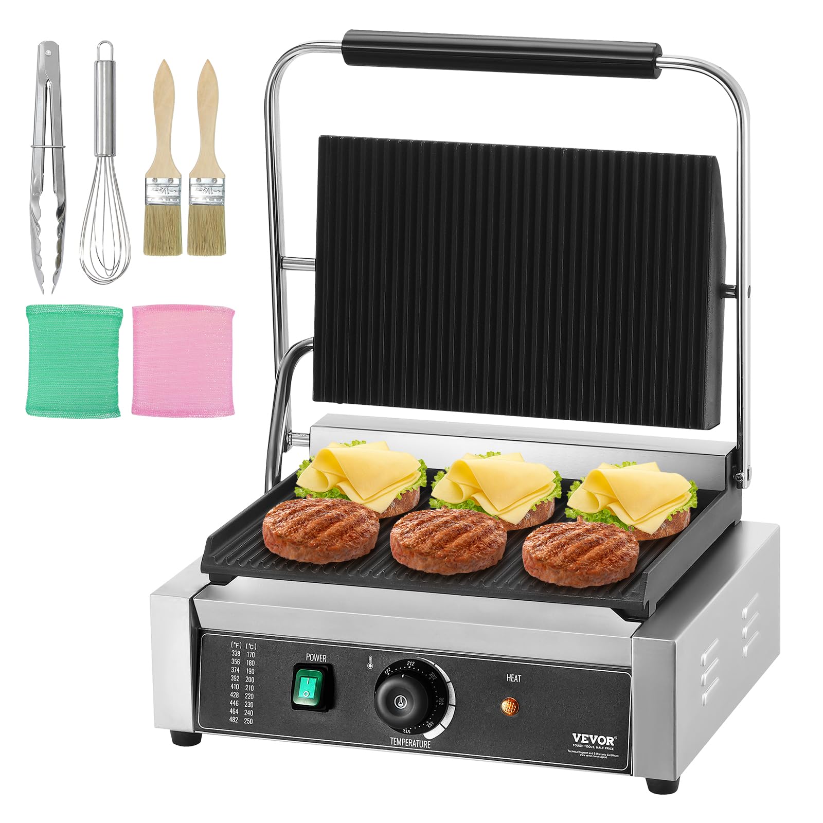 VEVOR 1800W Electric Panini Press Grill with Temperature Control, 14