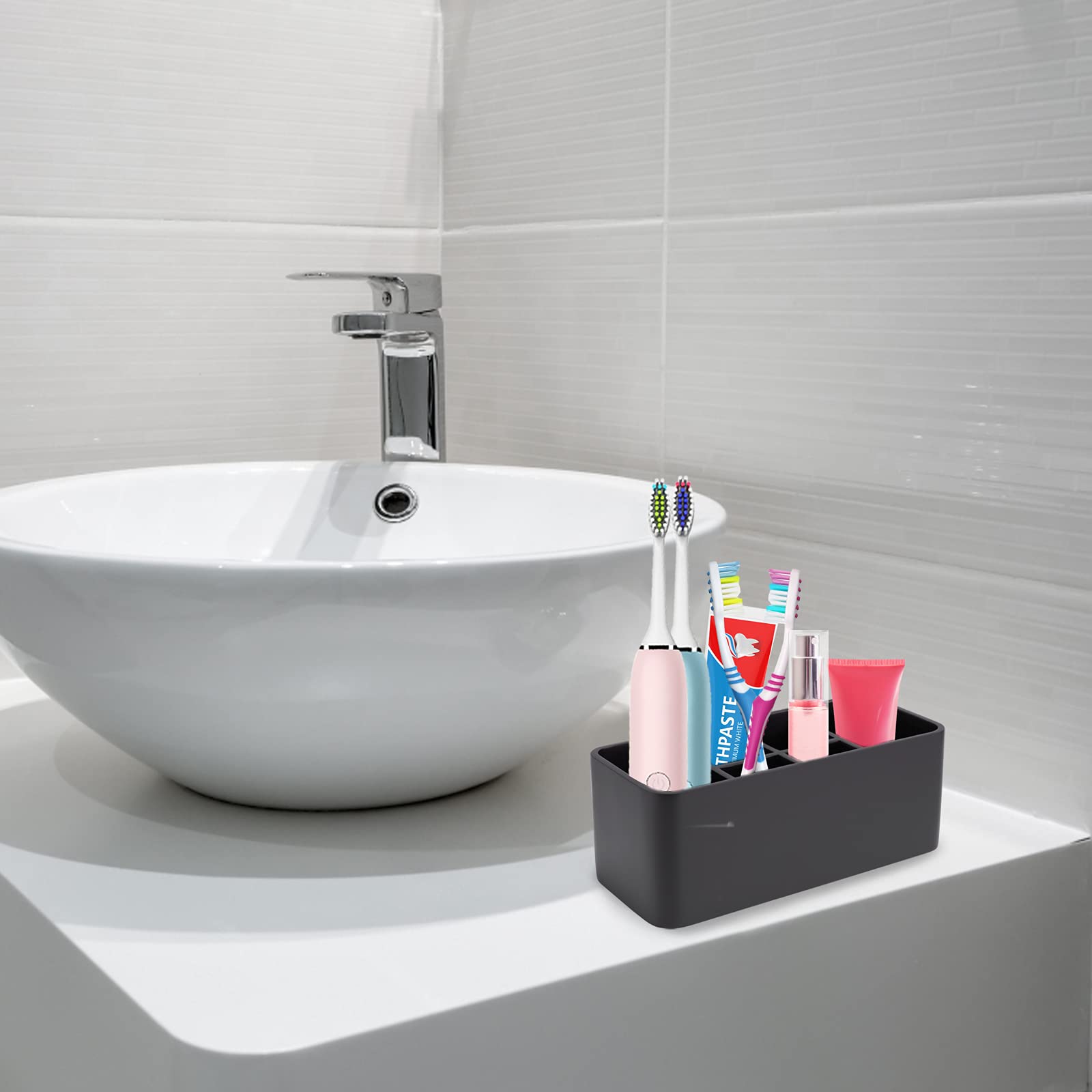 Black Toothbrush and Toothpaste Holder Stand - Bathroom Organizer for Toothbrushes & Makeup Brushes | Perfect for Small Bathrooms, Vanities & Travel Essentials Storage