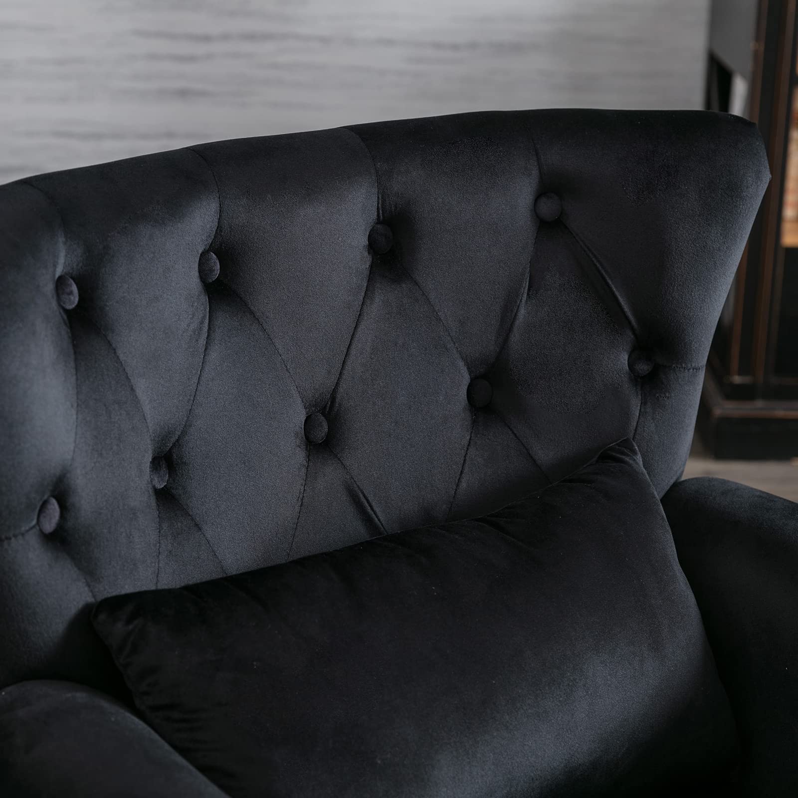 Midcentury Modern Accent Reading Arm Chairs Set of 2 - Velvet Black Wingback Club Chairs with Button Tufted Back & Lumbar Pillow for Living Room, Bedroom or Office Waiting Area - Perfect for Reading Nooks, Lounge Spaces and Cozy Corners