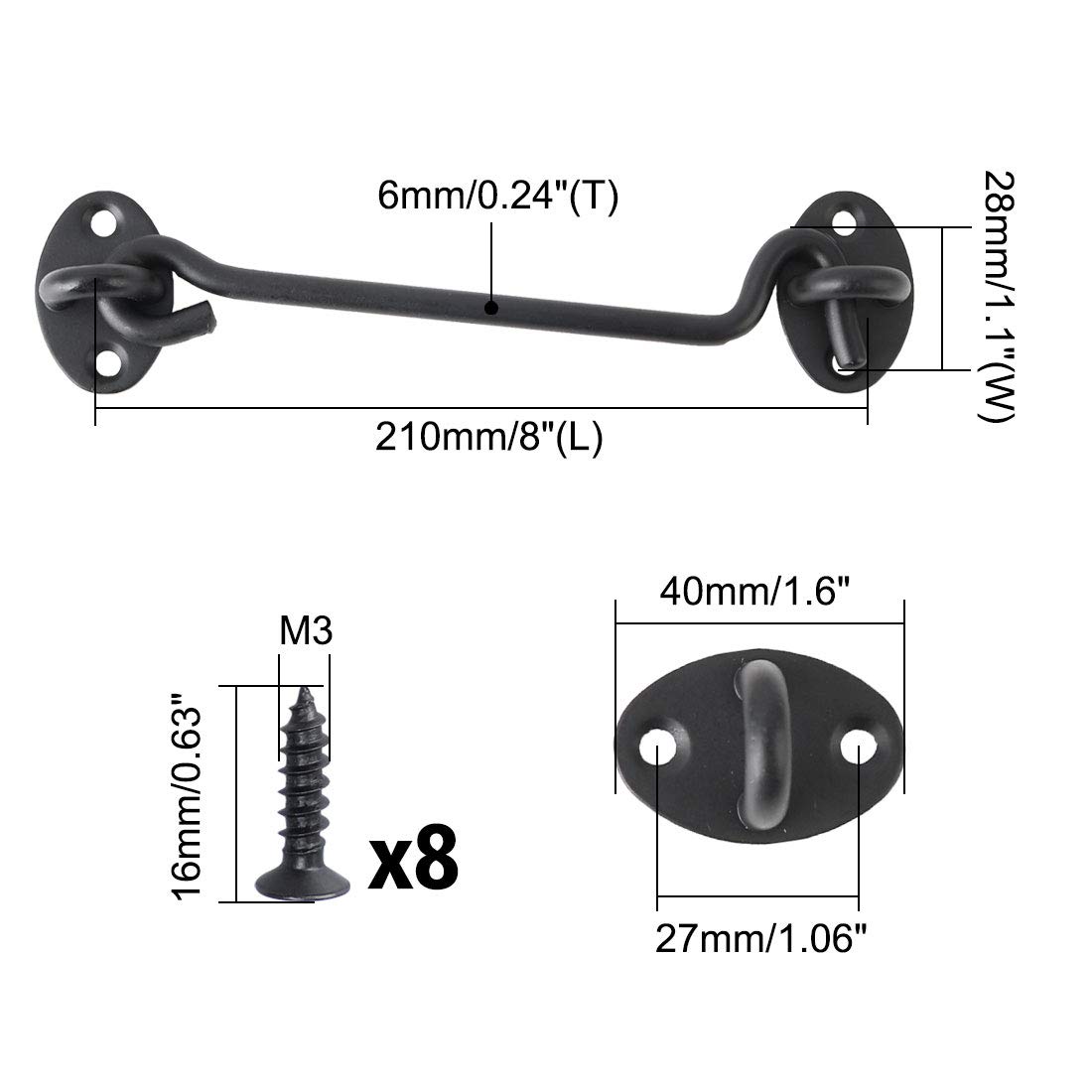 uxcell 8 Inch Stainless Steel Cabin Hook with Screws - Black Eye Latch Privacy Hook for Doors, Gates, Windows, Shutters, Barns & Sheds (2 Pack) - Secure Sliding Doors & Enhance Privacy