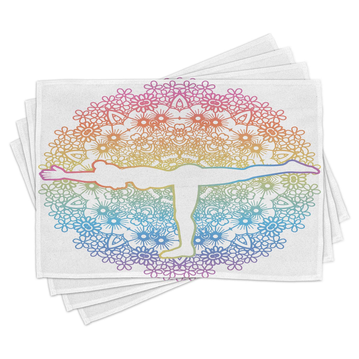 Ambesonne Yoga Placemats Set of 4 - Mandala Floral Design with Warrior 3 Pose (Virabhadrasana) - Washable Fabric Table Mats for Dining Room & Kitchen Decor - Multicolor - Perfect for Yoga Studios, Meditation Spaces & Boho Home Decor