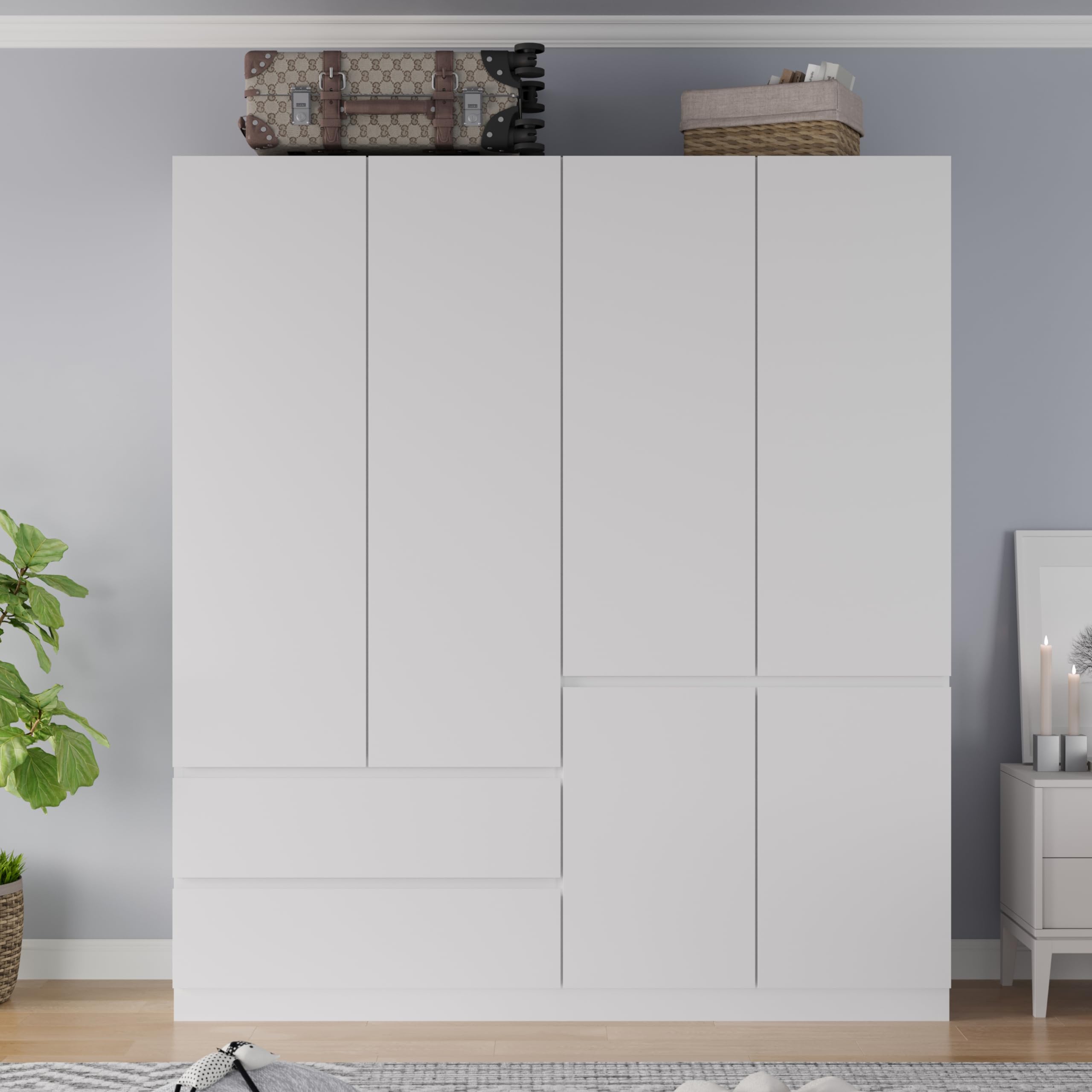 4-Door 2-Drawer White Wooden Wardrobe Closet with Doors - 63