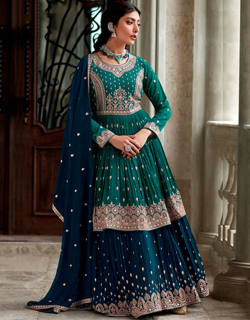 Elegant Bottle Green Lehenga Style Suits in Faux Georgette Fabric for Women - Perfect for Weddings, Parties & Festive Occasions