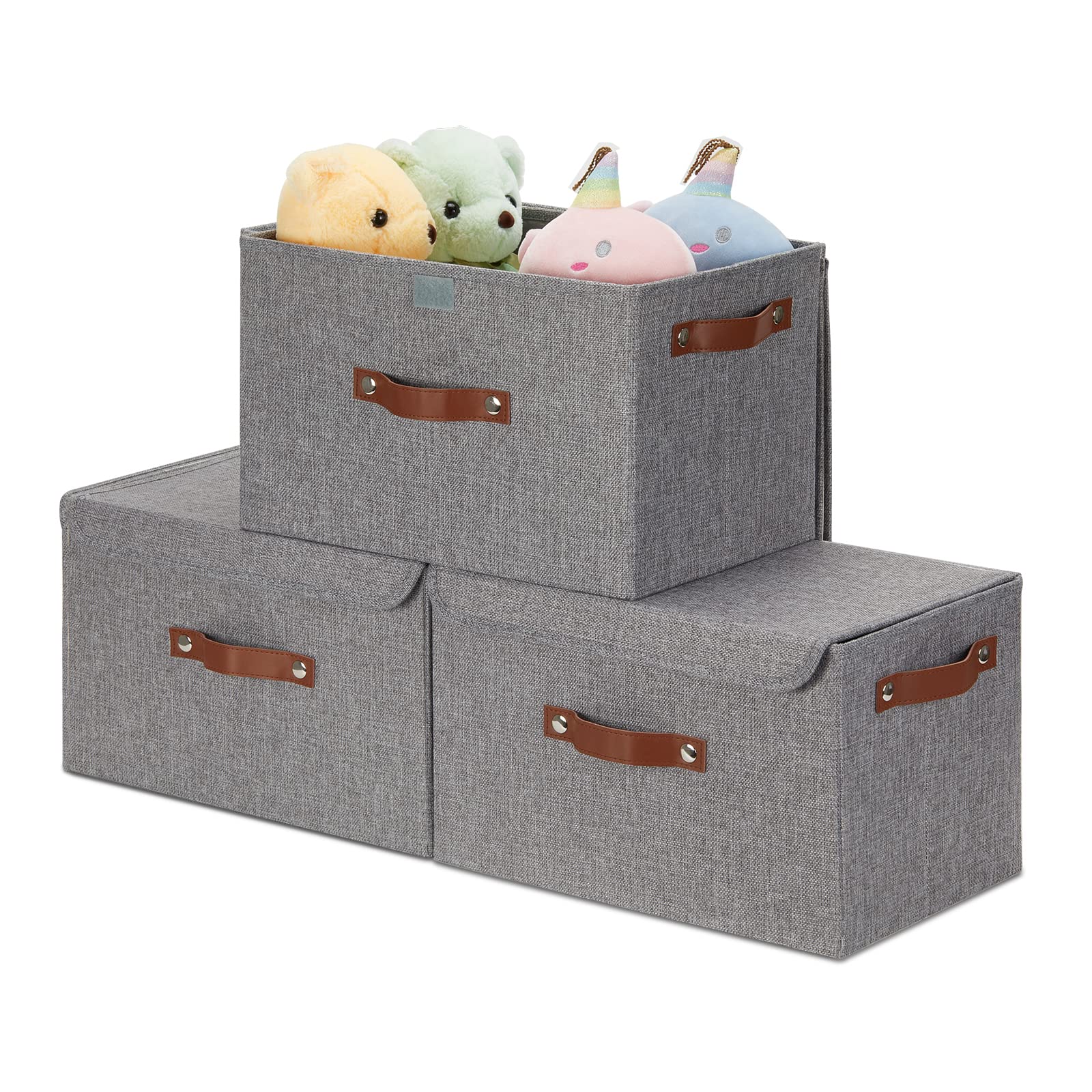 WLFRHD 3-Pack Fabric Storage Bins with Lids - Collapsible Linen Cloth Organizer Baskets (15